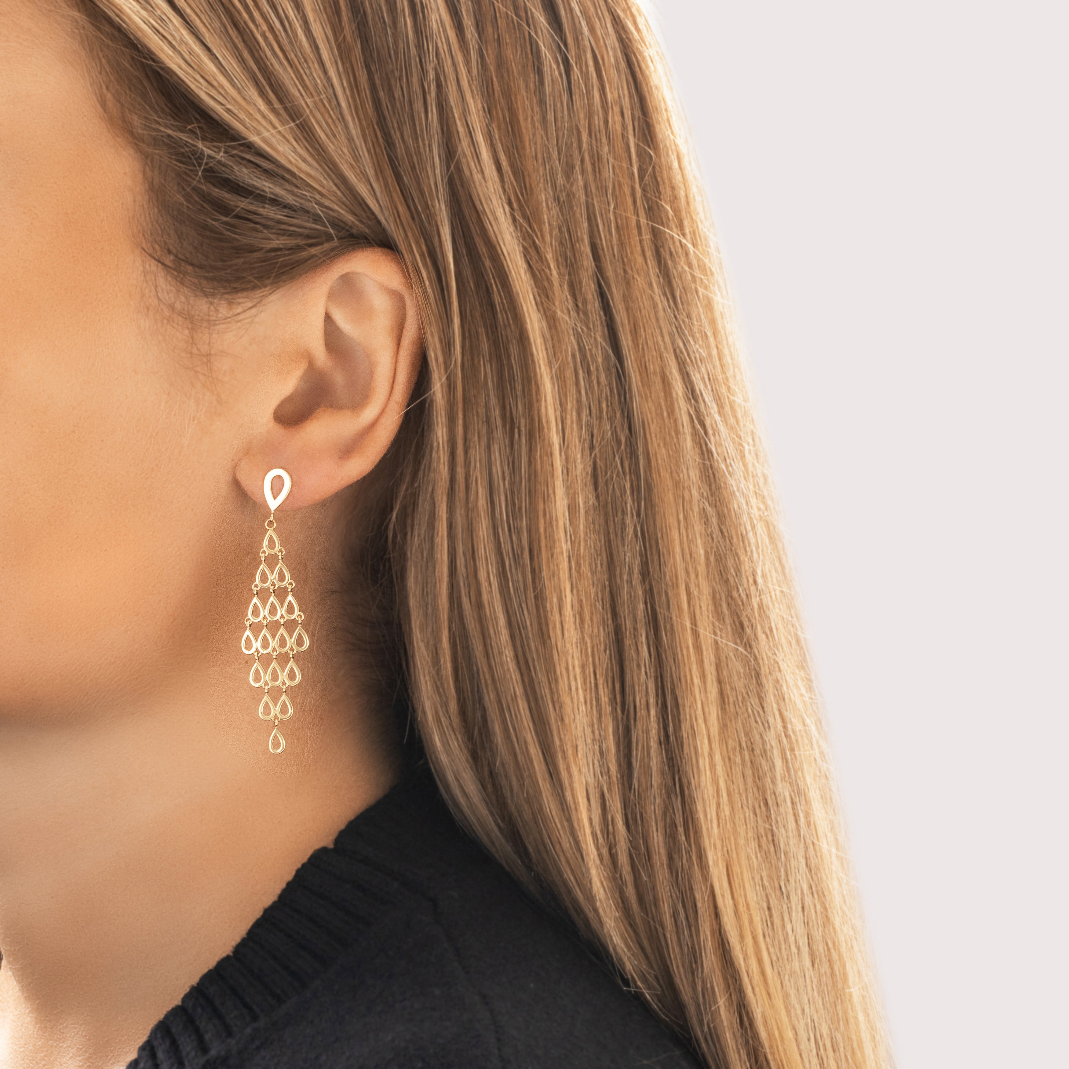 Vintage 14k Yellow Gold Dynamic Teardrop Shield Dangle Earrings - On model view