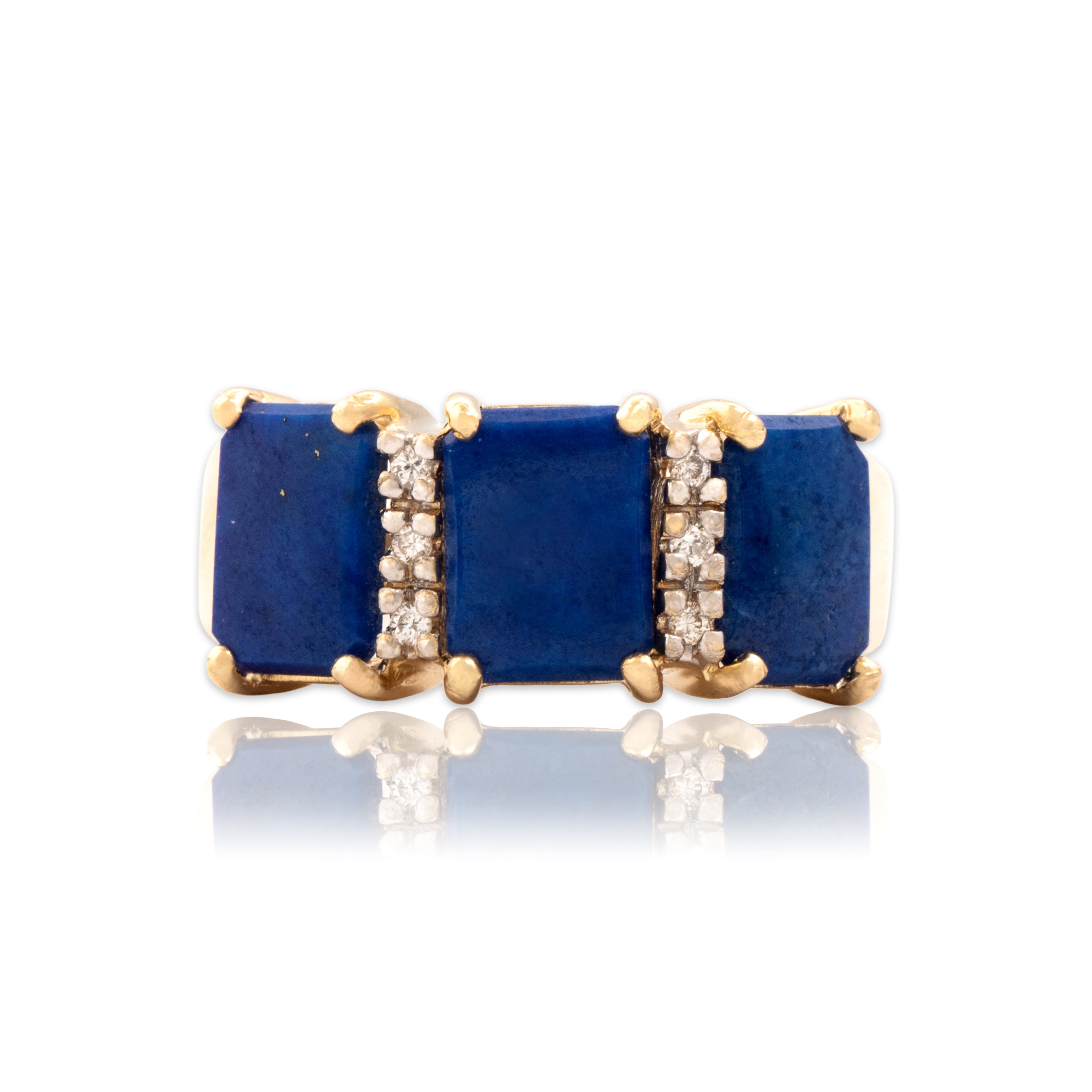 Vintage 14k Yellow Gold 2.29cttw Lapis Lazuli Diamond Bold Cobalt Rectangular Line Ring - Close-up view