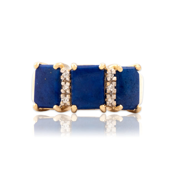 Vintage 14k Yellow Gold 2.29cttw Lapis Lazuli Diamond Cobalt Line Ring 9.00