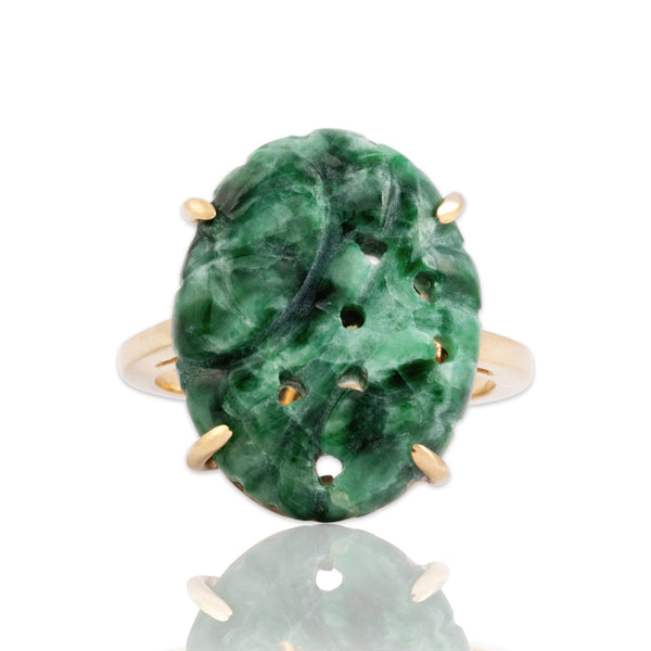 Vintage 14k Rosy Yellow Gold Jade Wonderful Floral Carved Ring 6.75
