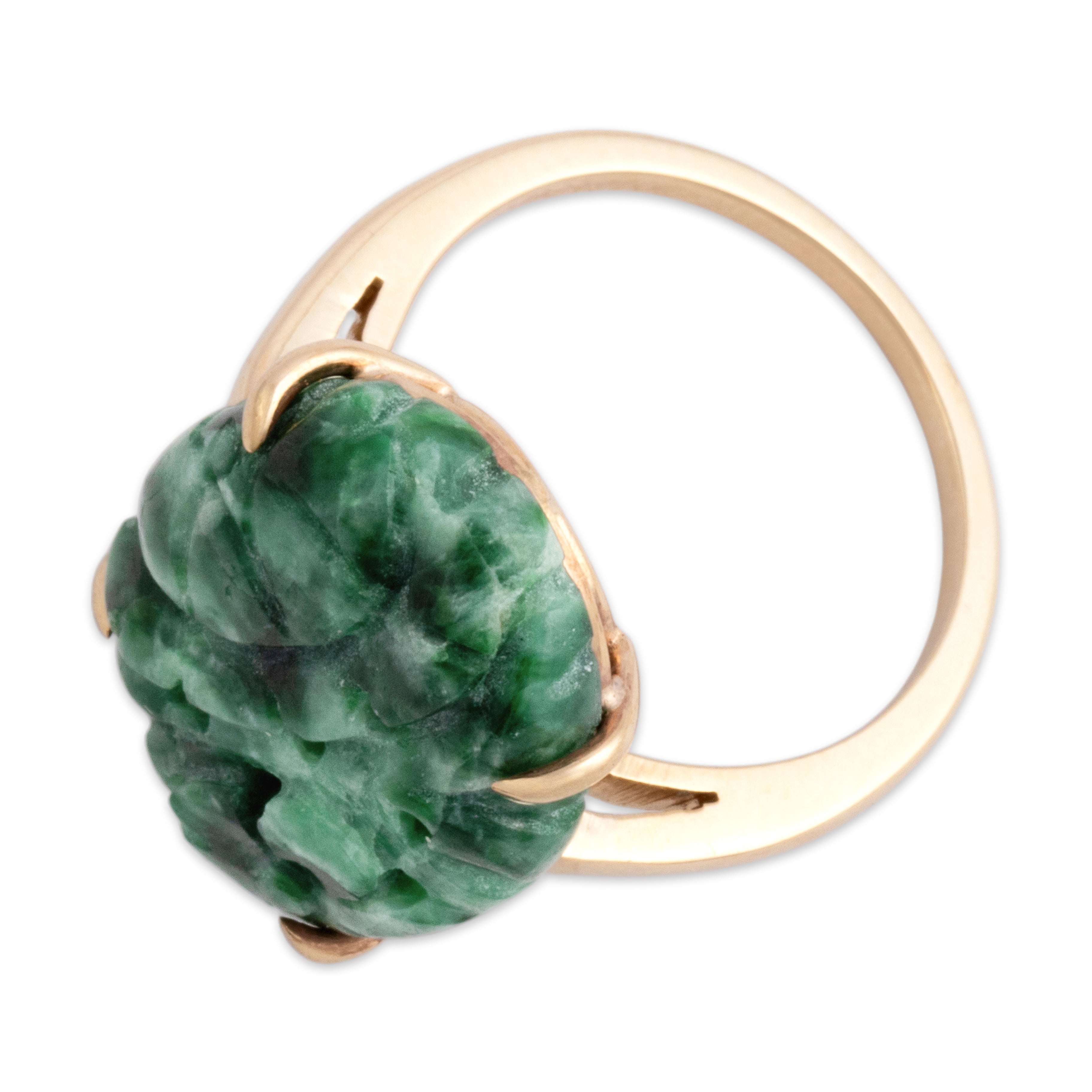 Vintage 14k Rosy Yellow Gold Jade Wonderful Floral Carved Ring 6.75