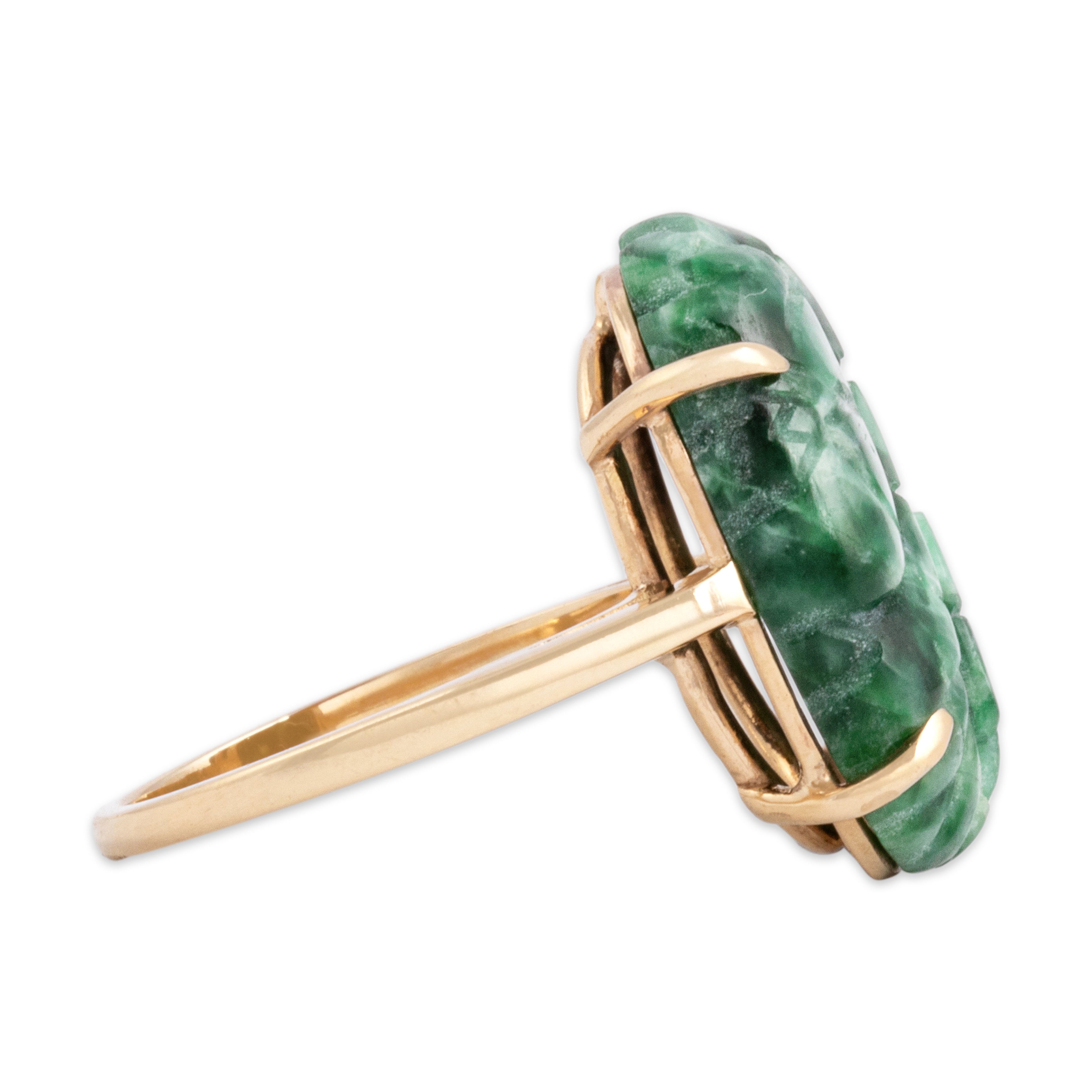 Vintage 14k Rosy Yellow Gold Jade Wonderful Floral Carved Ring 6.75