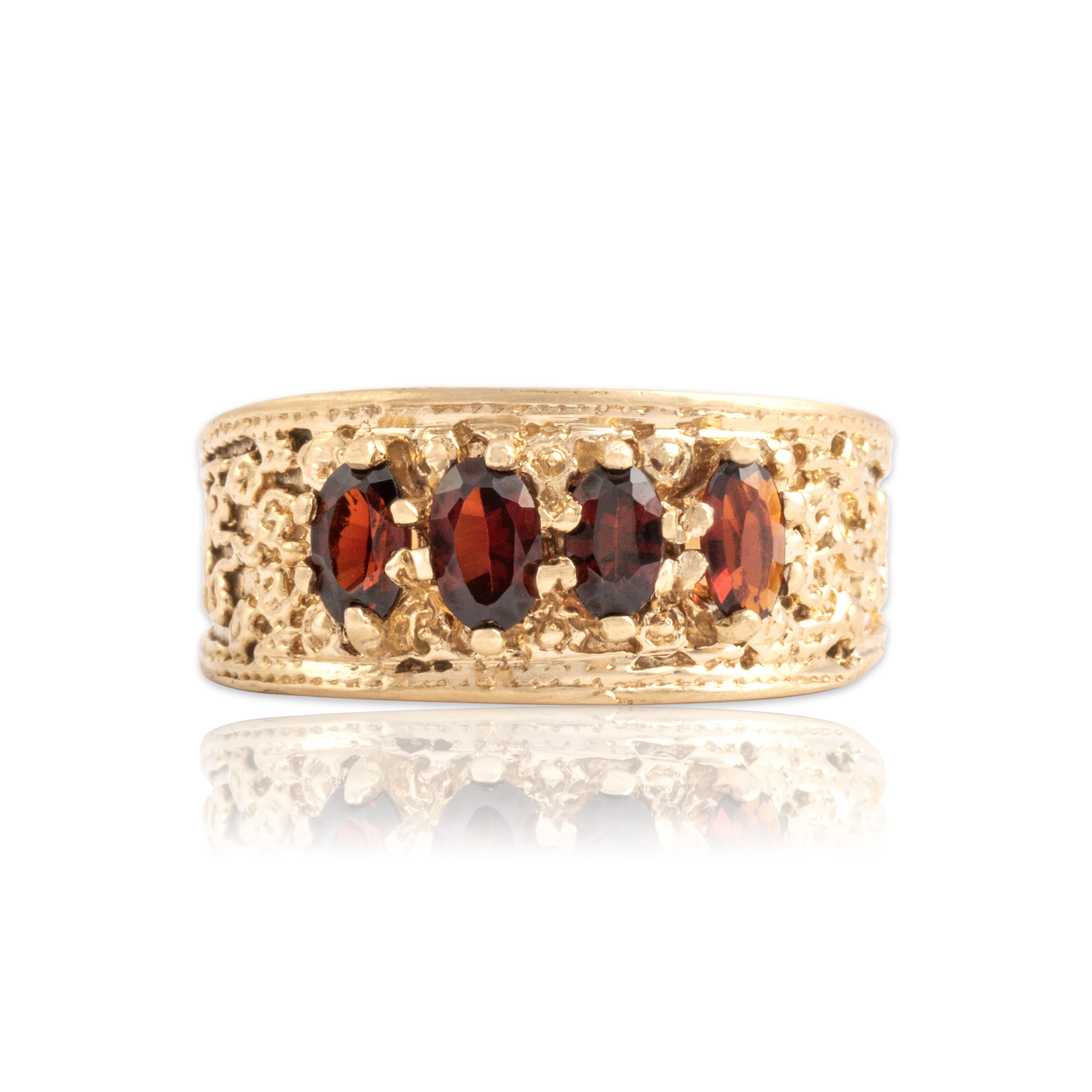 Vintage 14k Yellow Gold .94cttw Garnet Wide Brushed Textured Crimson Row Ring - Close-up view