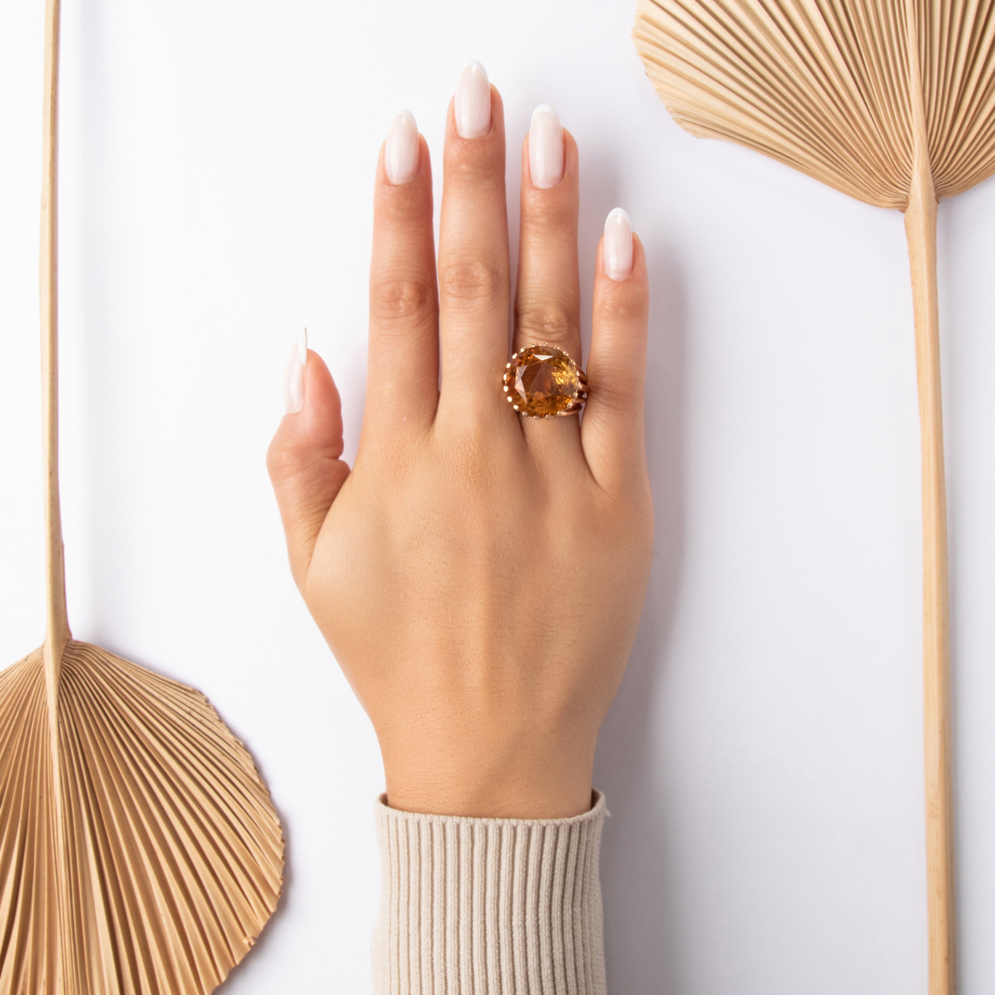 Vintage French Heavy 18k Rose Gold 23.32ct Palmeira Citrine Oversized Solitiare Cocktail Ring - On model view