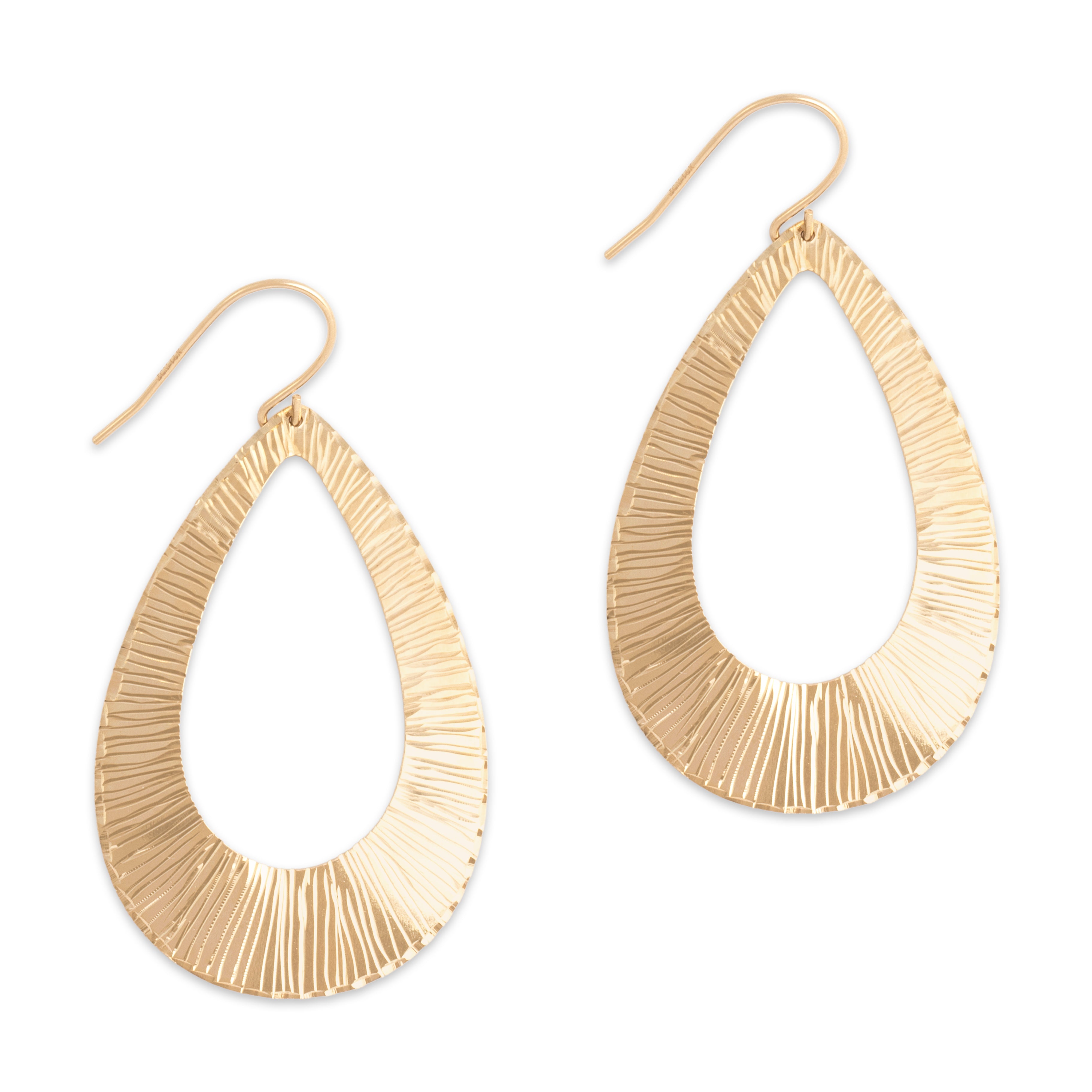 Vintage Lightweight 14k Yellow Gold Textured Groovy Teardrop Dangle Earrings - Overall view