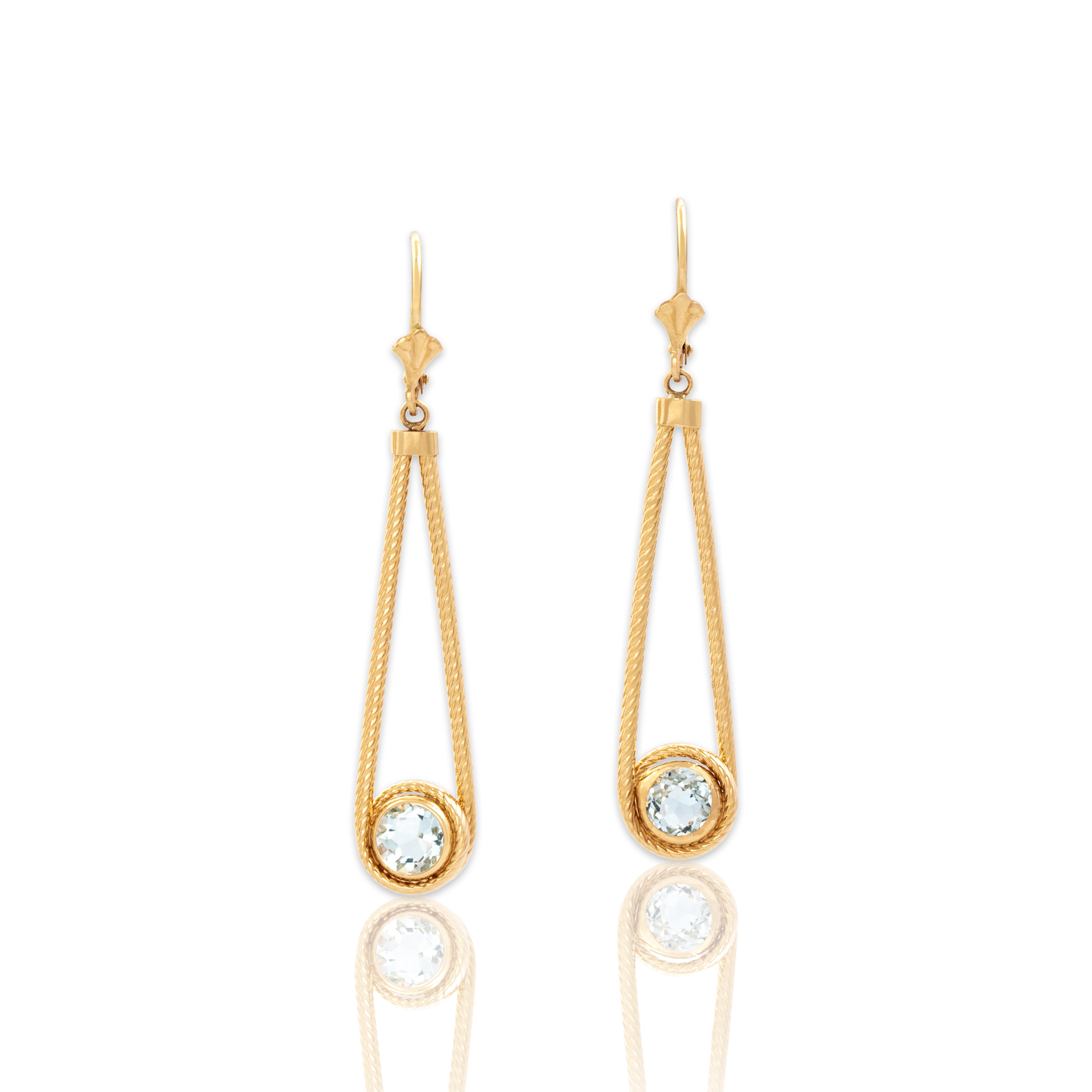 Vintage 14k Yellow Gold 1.54cttw Blue Topaz Lovely Cabled Looping Bezel Dangle Earrings - Close-up view