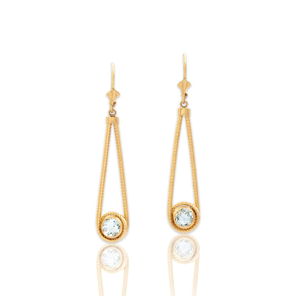 Vintage 14k Yellow Gold 1.54cttw Blue Topaz Looping Bezel Dangle Earrings
