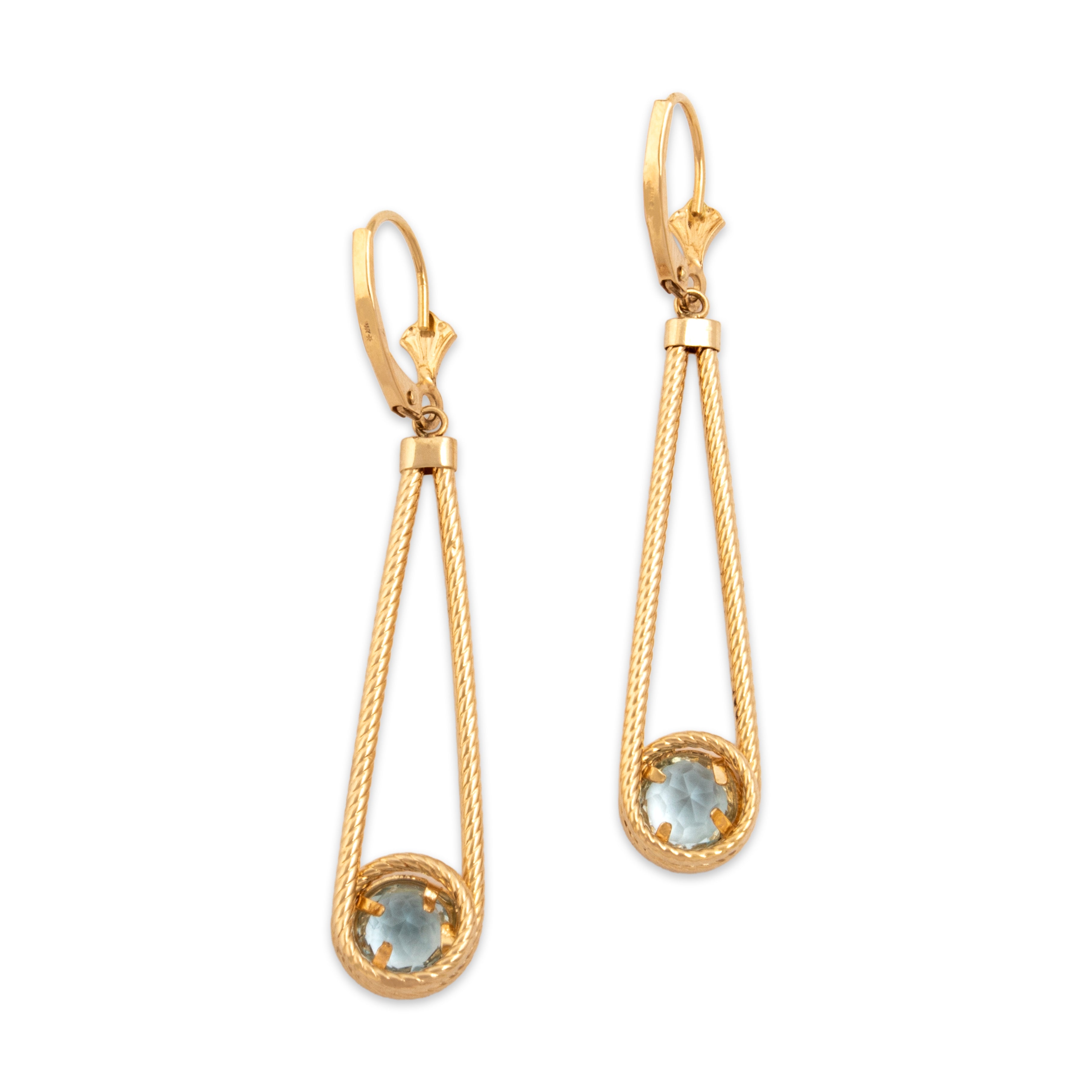 Vintage 14k Yellow Gold 1.54cttw Blue Topaz Lovely Cabled Looping Bezel Dangle Earrings - Back view