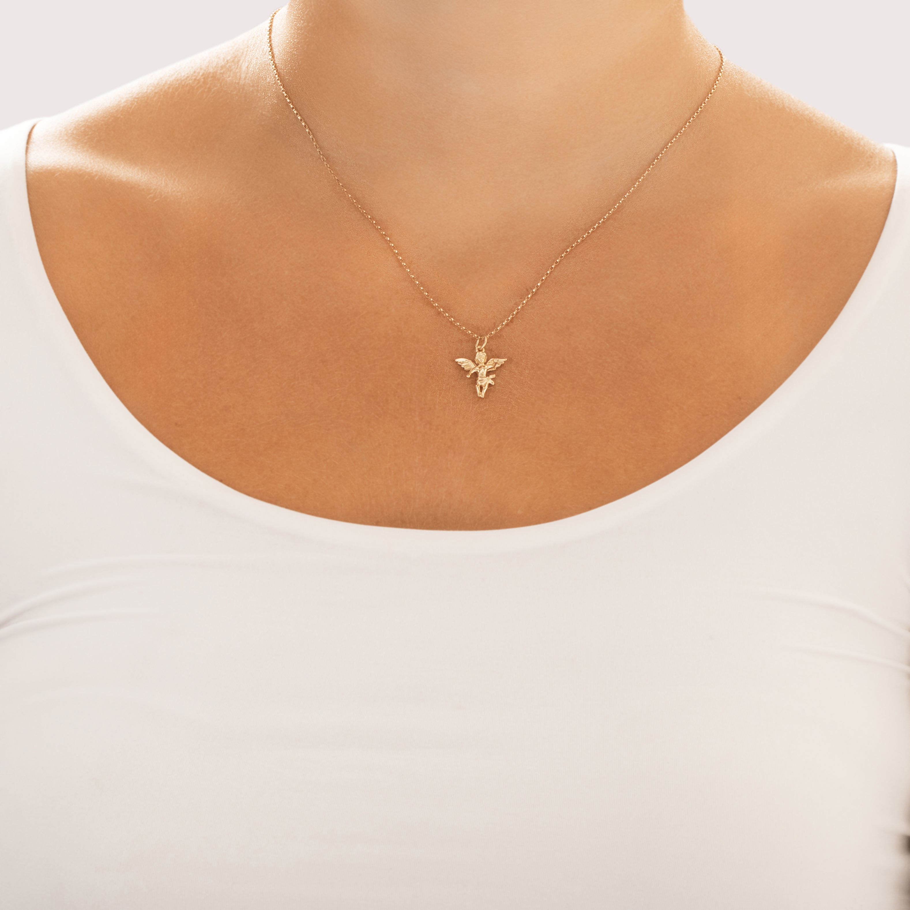Vintage 14k Yellow Gold Angelic Cherub Charm / Pendant - On model view