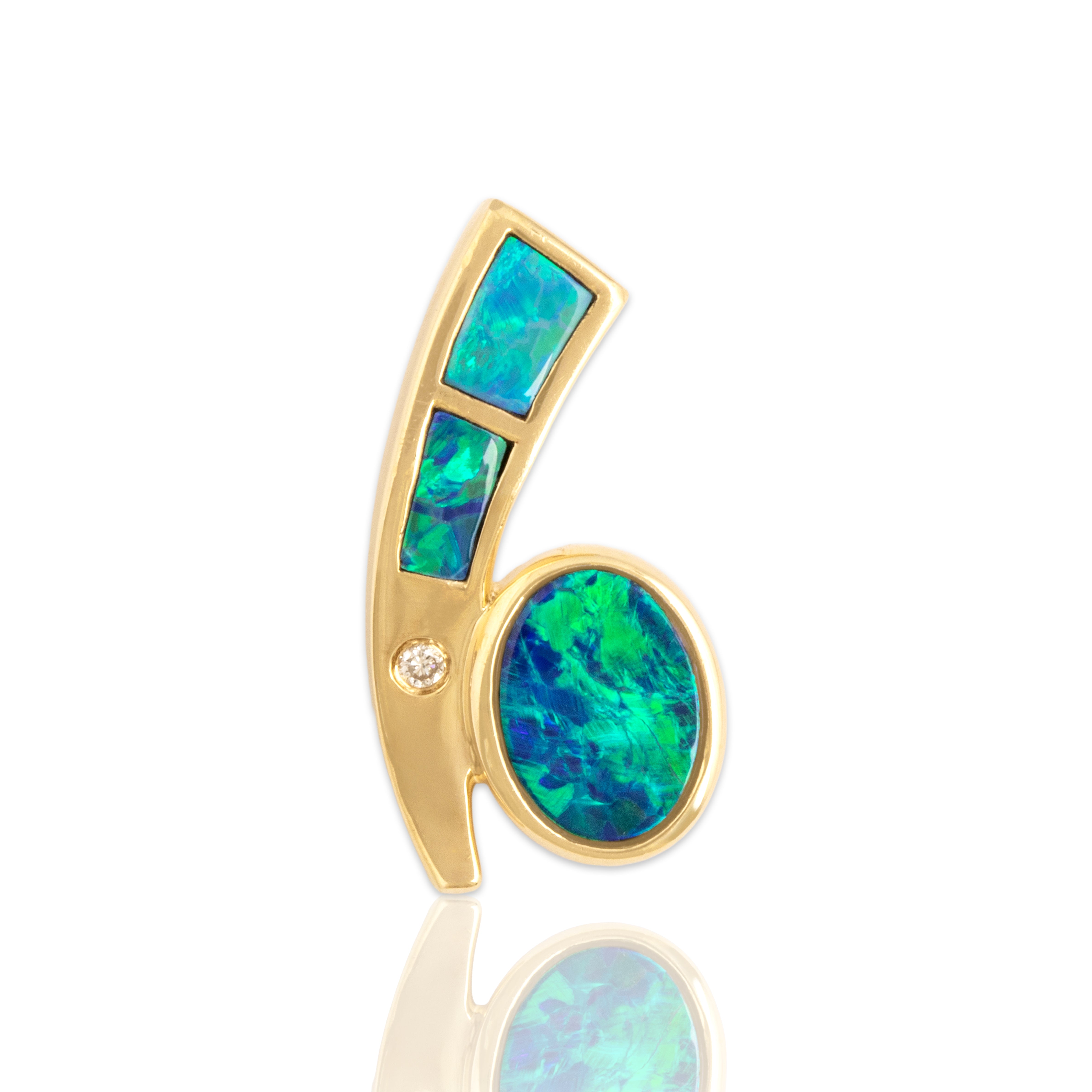 Vintage 14k Yellow Gold Diamond Opal Doublet Vibrant Accented Oval Slide Pendant - Close-up view