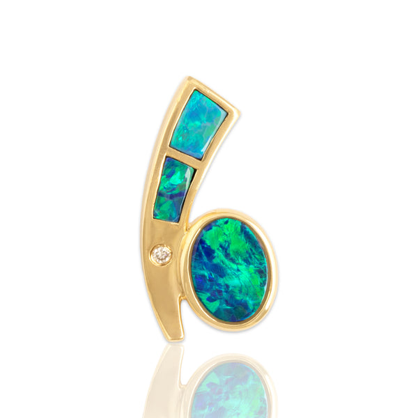 Vintage 14k Yellow Gold Diamond Opal Doublet Vibrant Accented Oval Slide Pendant