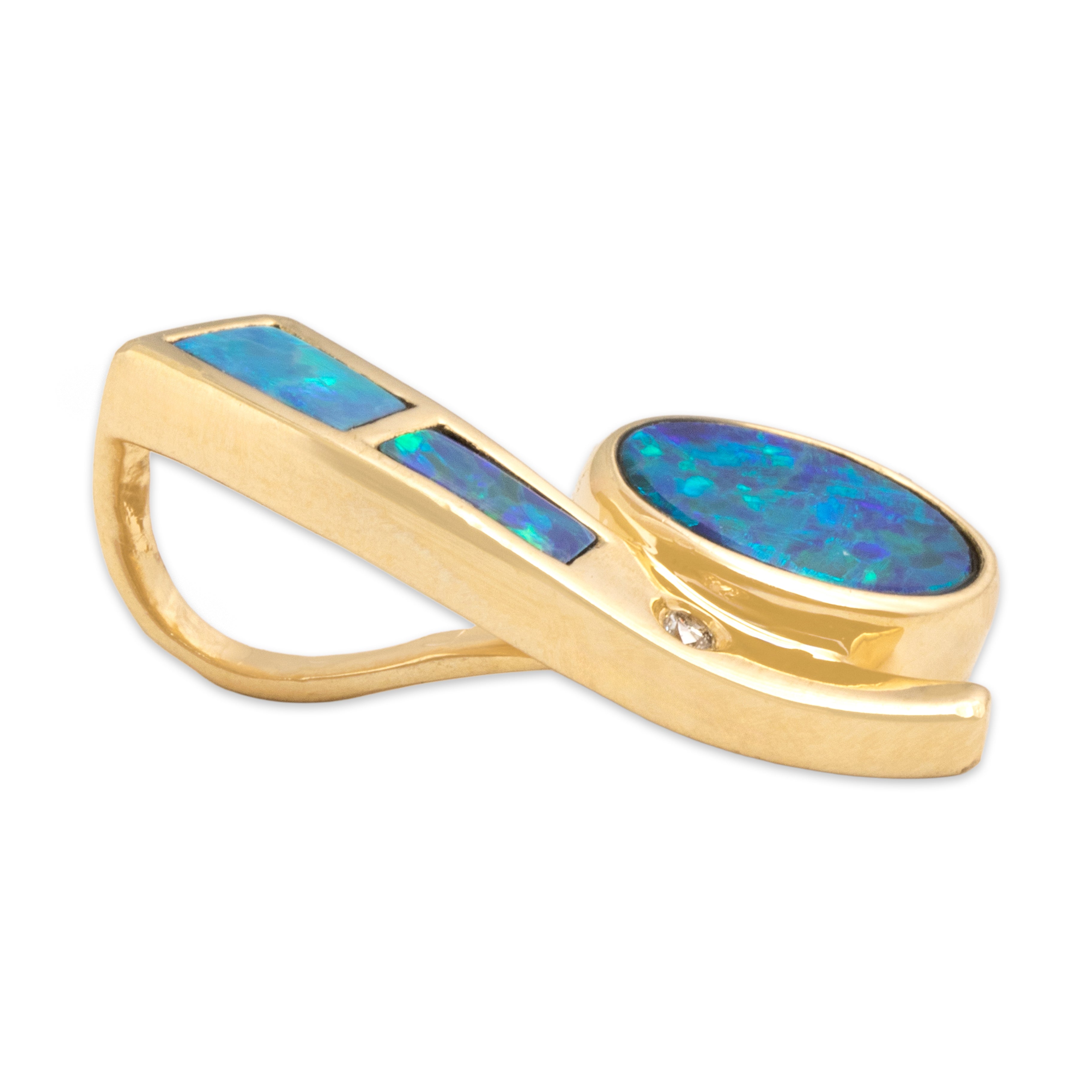 Vintage 14k Yellow Gold Diamond Opal Doublet Vibrant Accented Oval Slide Pendant - Side view