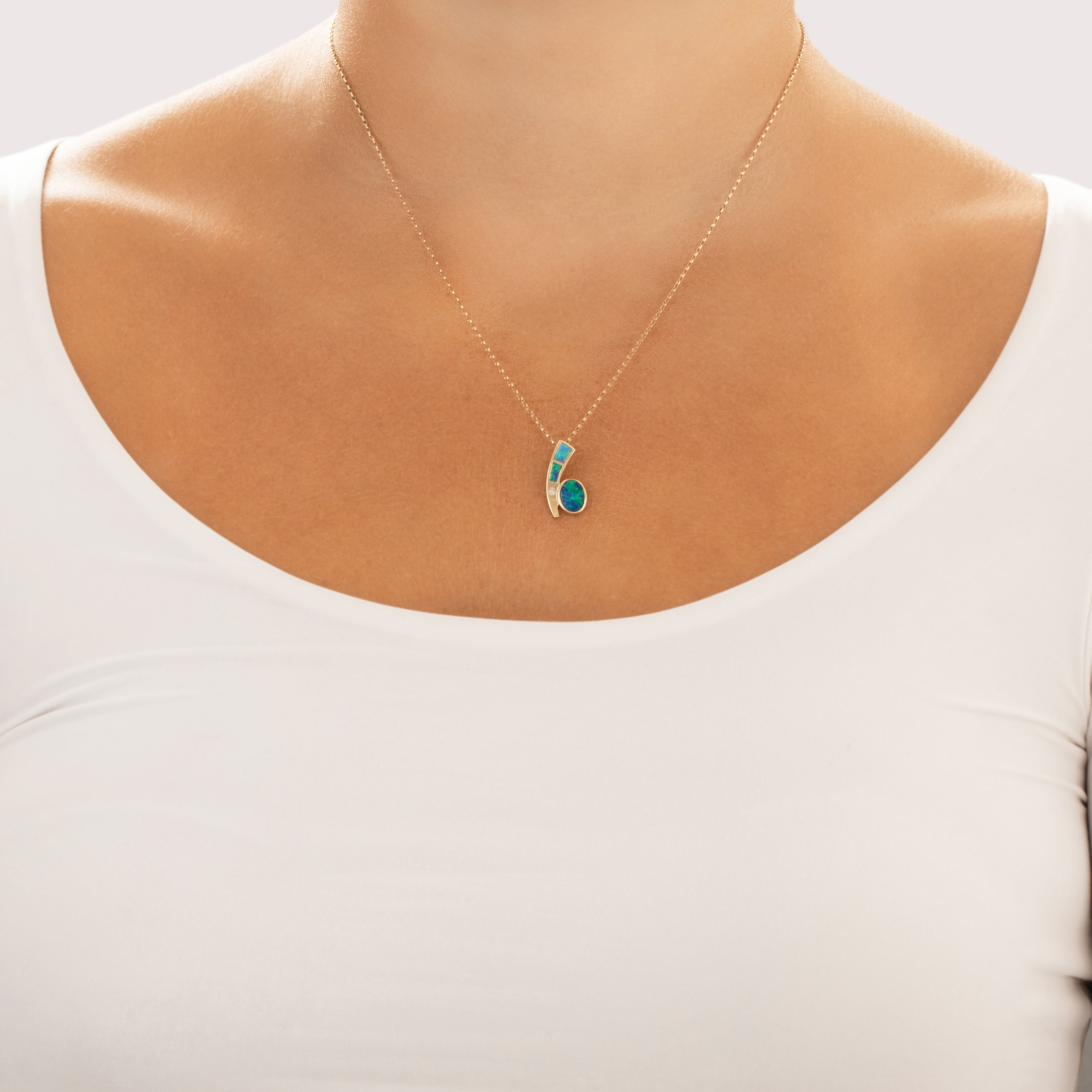 Vintage 14k Yellow Gold Diamond Opal Doublet Vibrant Accented Oval Slide Pendant - On model view