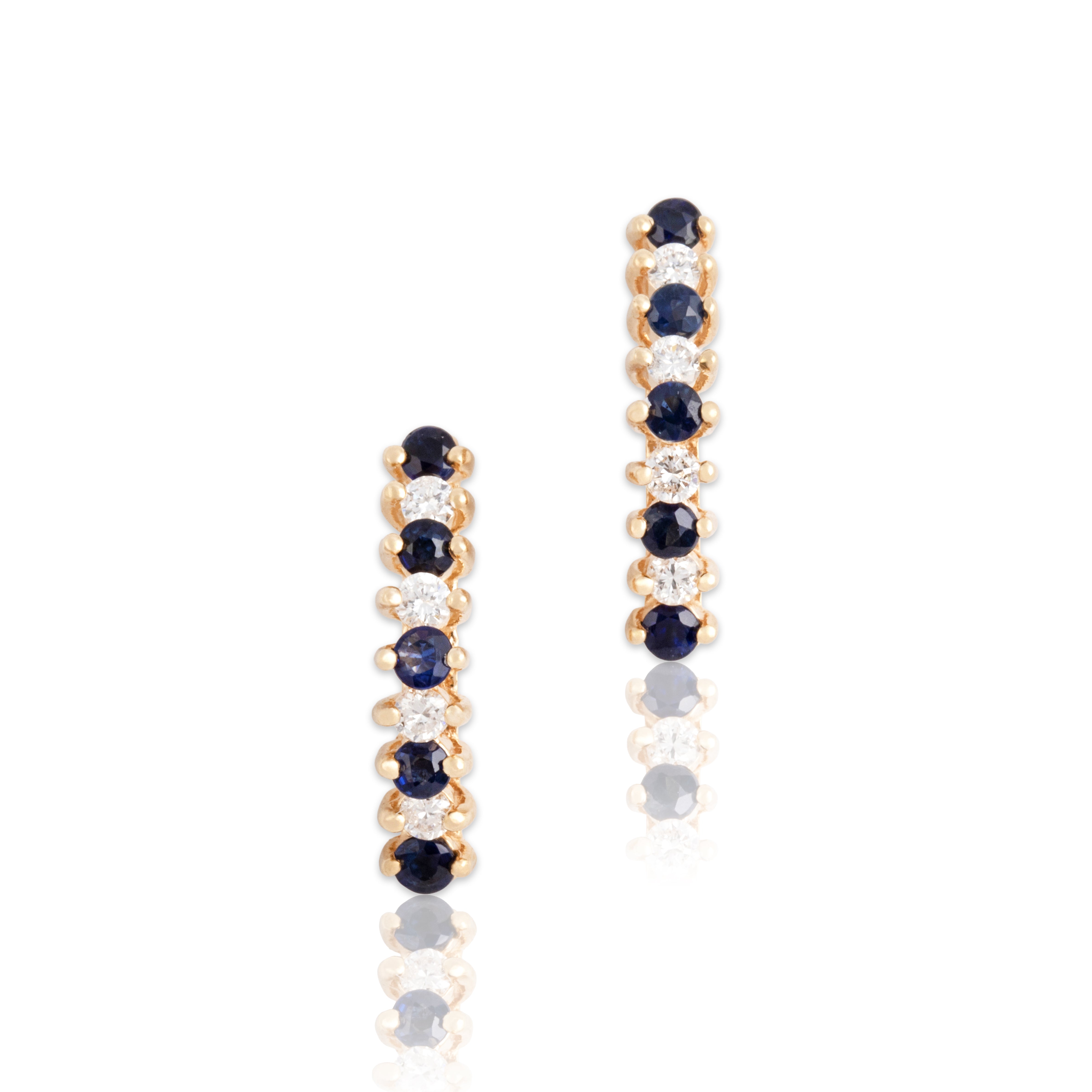Vintage 14k Yellow Gold Blue Sapphire Diamond Fantastic Alternating Line Step Earrings - Close-up view