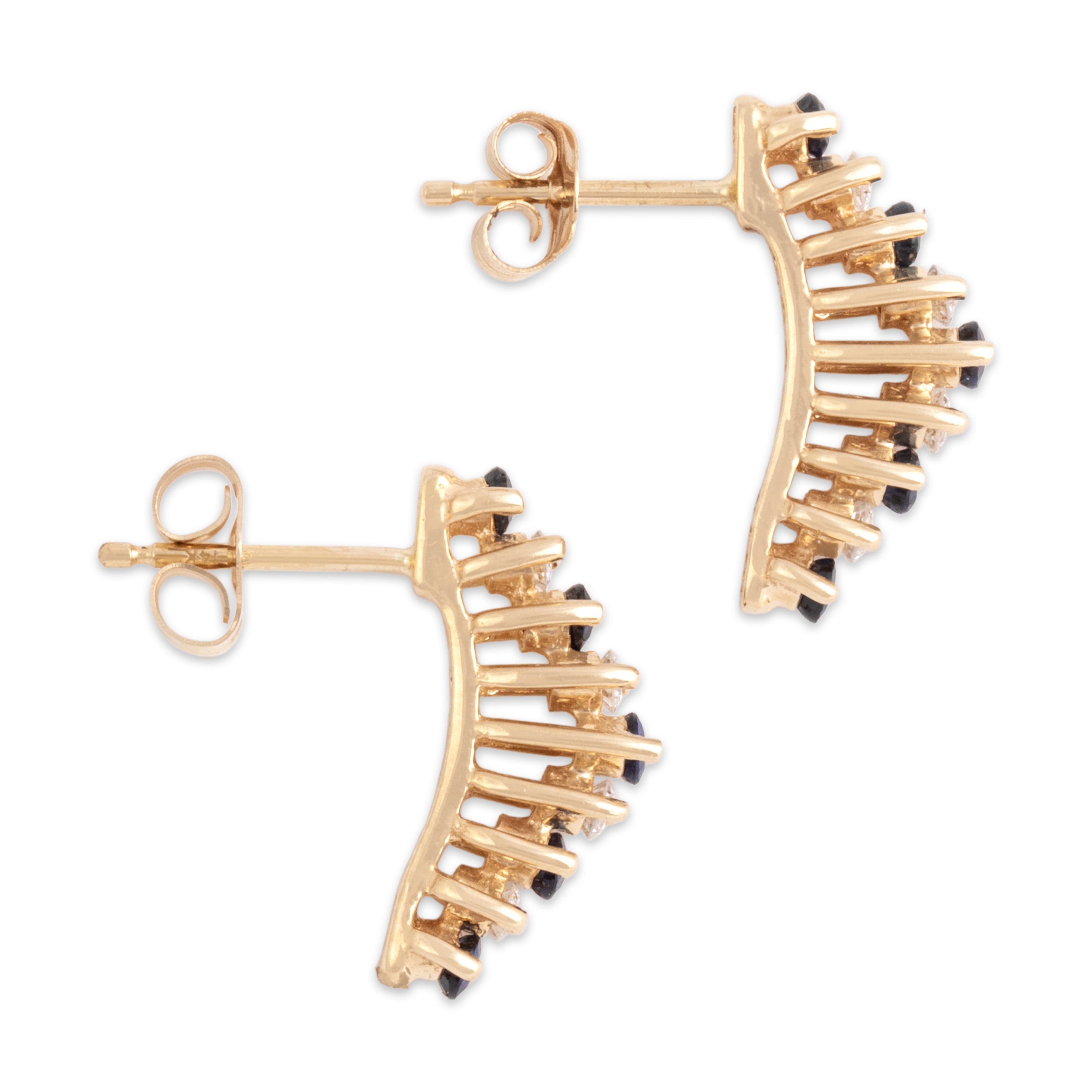 Vintage 14k Yellow Gold Blue Sapphire Diamond Fantastic Alternating Line Step Earrings - Side view