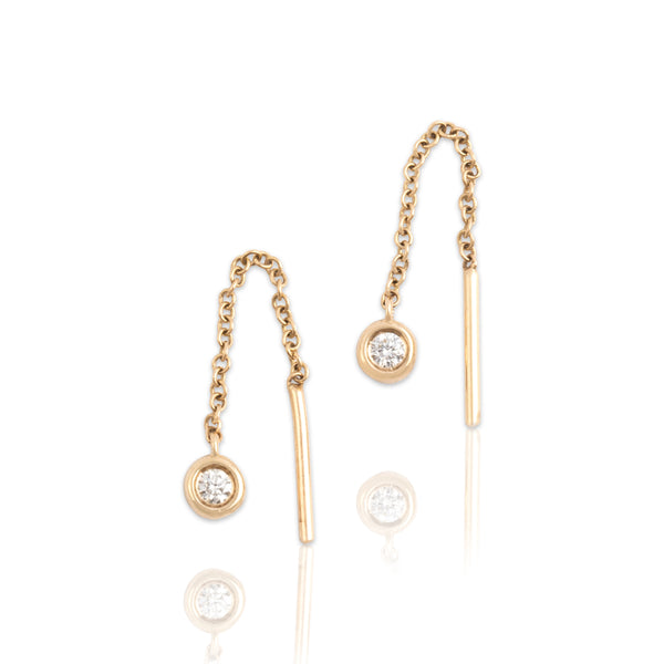 Estate Lightweight 14k Yellow Gold Diamond Delicate Chain Bezel Threader Earrings