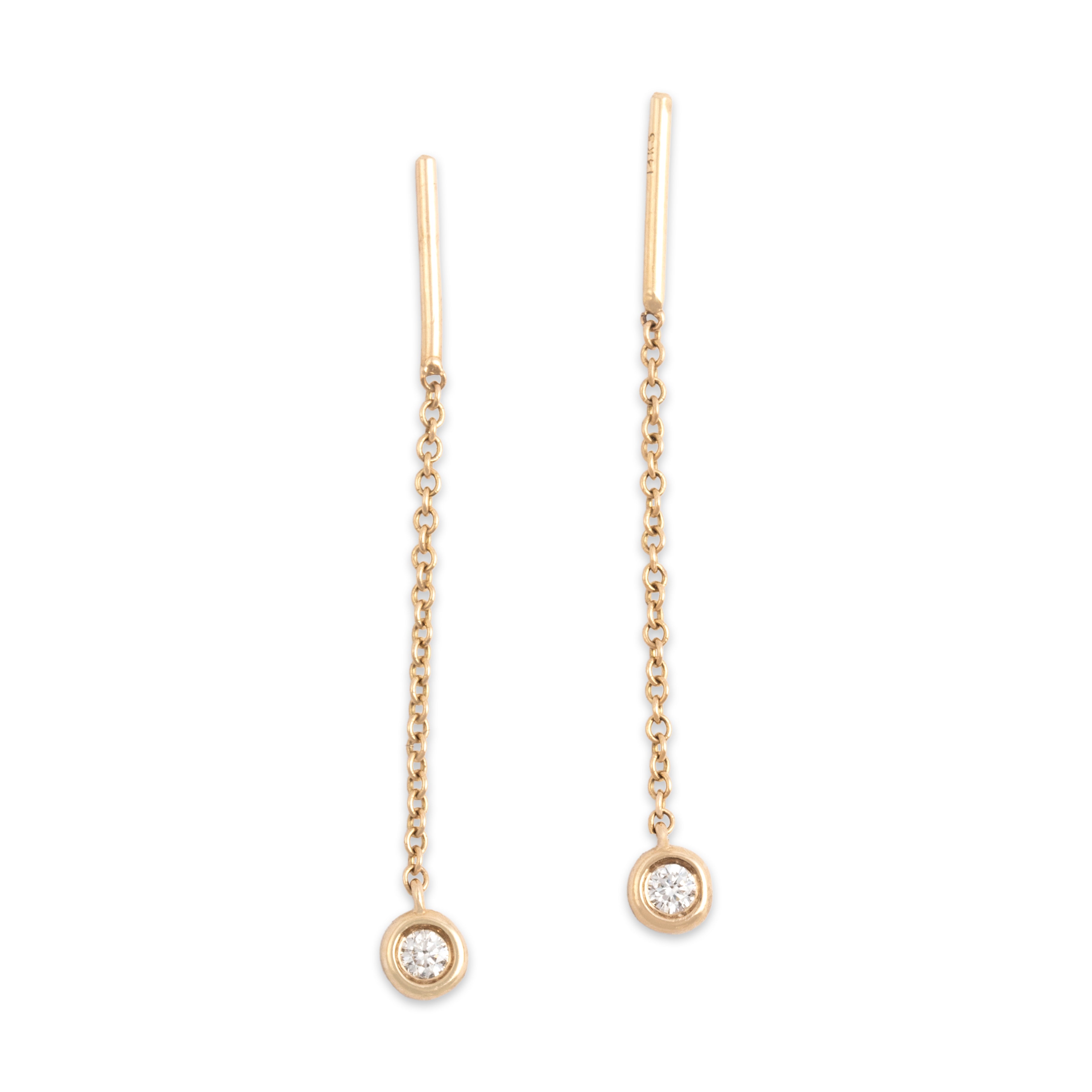 Estate Lightweight 14k Yellow Gold Diamond Delicate Chain Bezel Threader Earrings - Overall view
