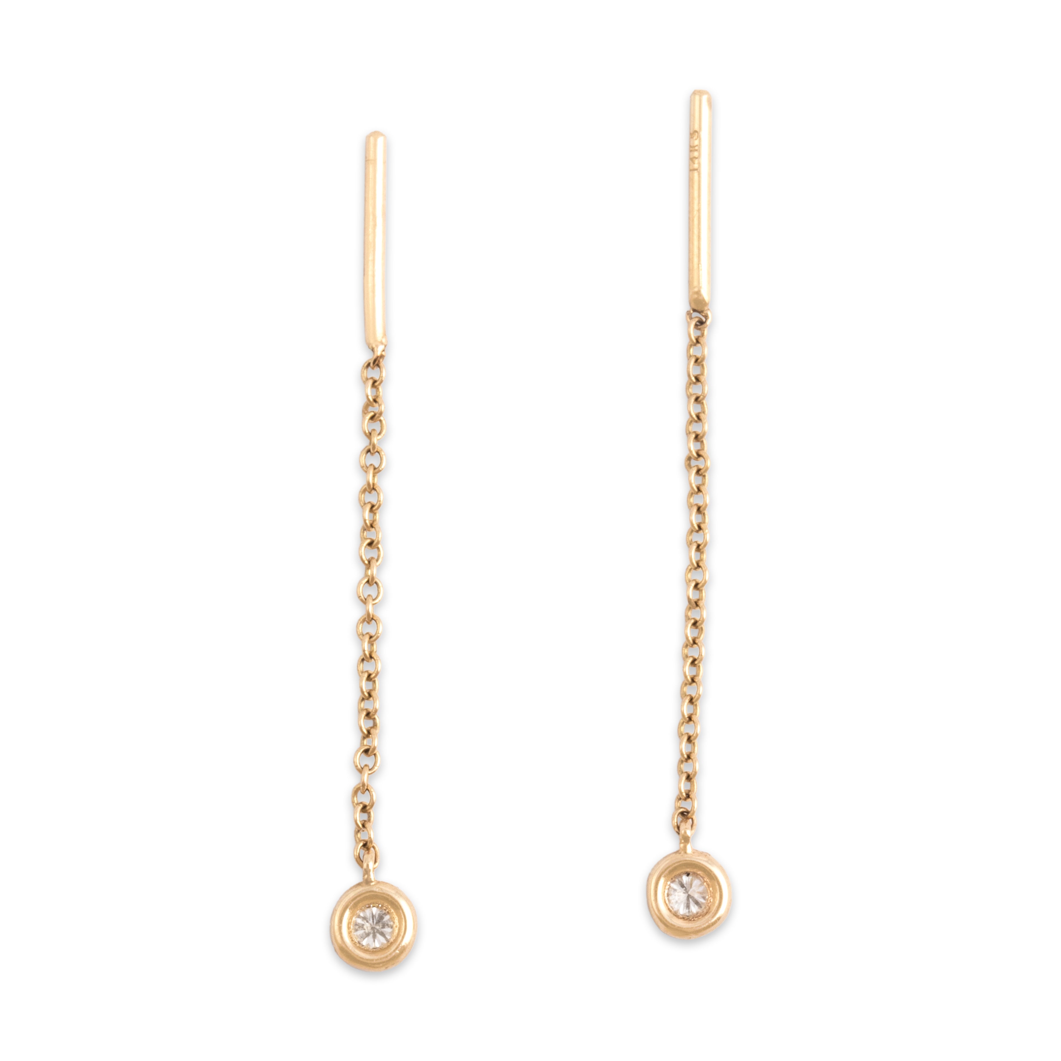 Estate Lightweight 14k Yellow Gold Diamond Delicate Chain Bezel Threader Earrings - Back view