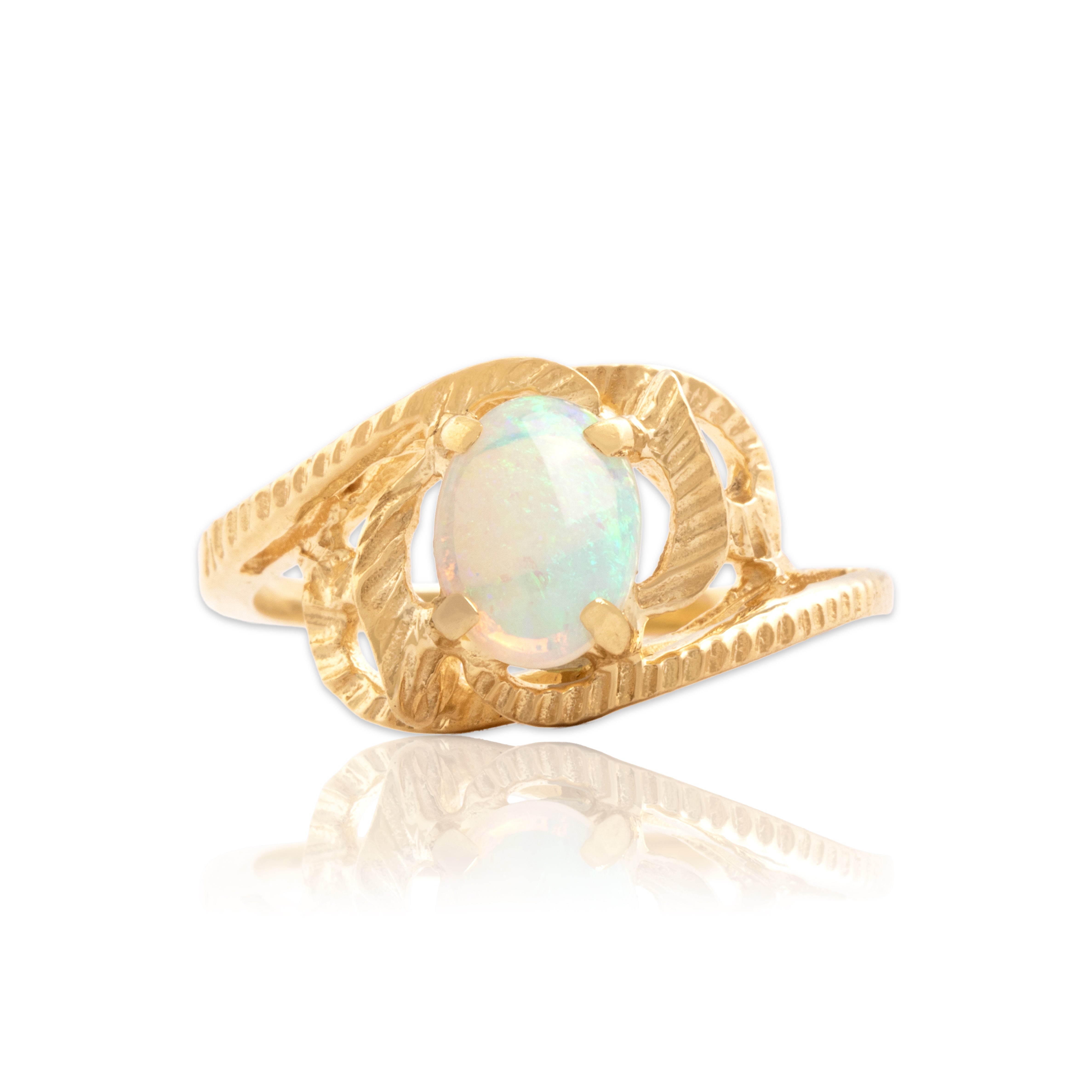 Vintage 14k Yellow Gold .63ct Opal Textured Flourish Ring - Close-up view