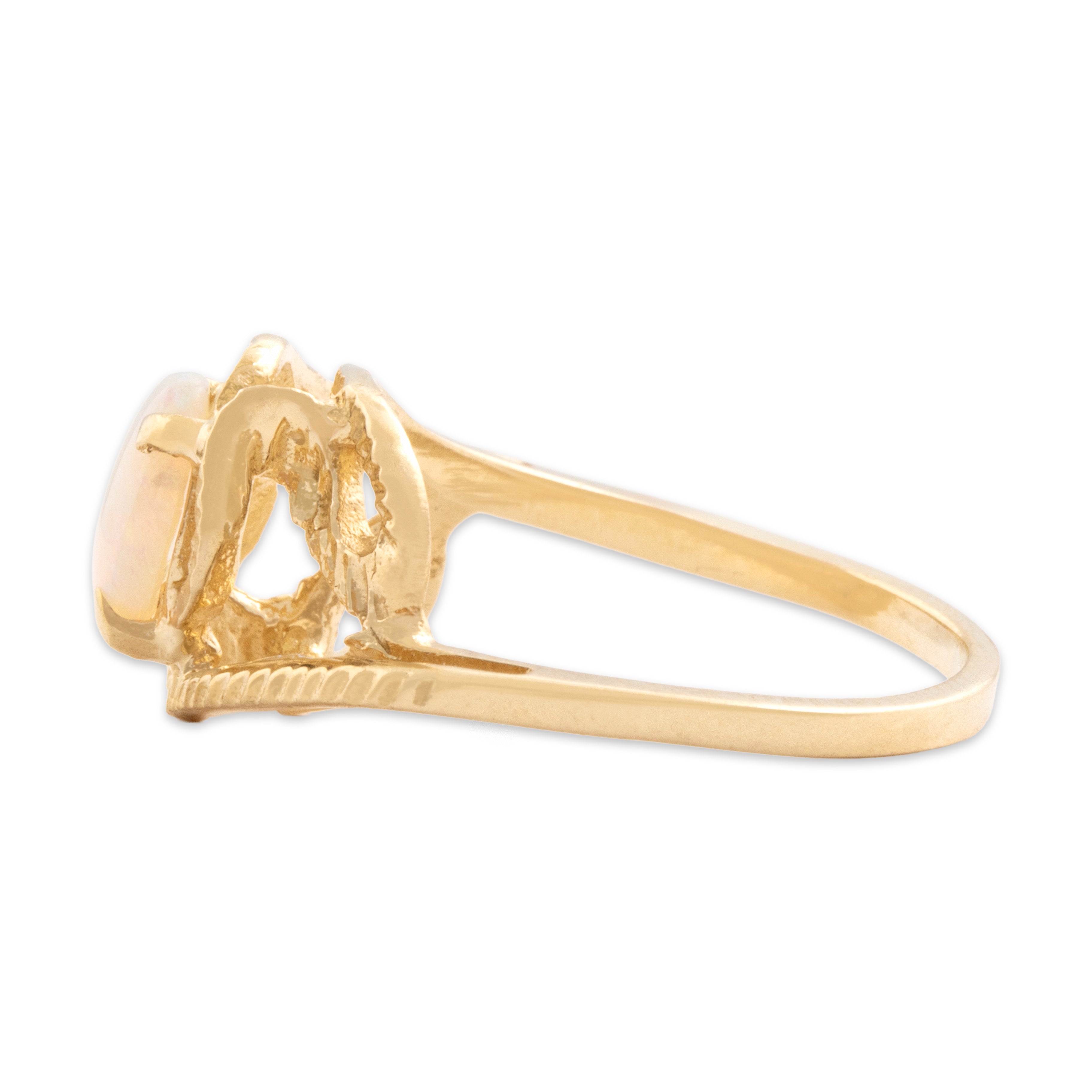 Vintage 14k Yellow Gold .63ct Opal Textured Flourish Ring - Side view