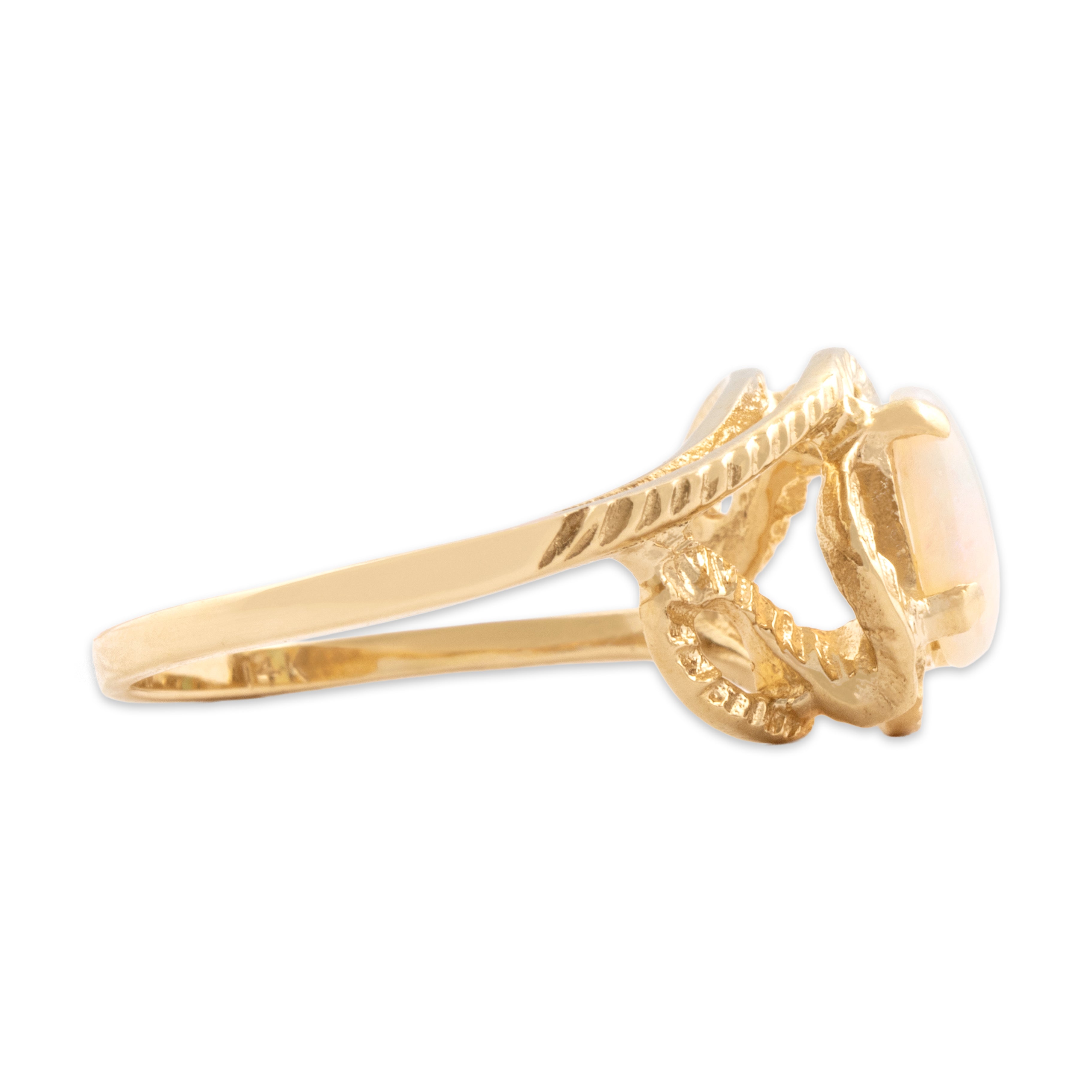 Vintage 14k Yellow Gold .63ct Opal Textured Flourish Ring - Side view