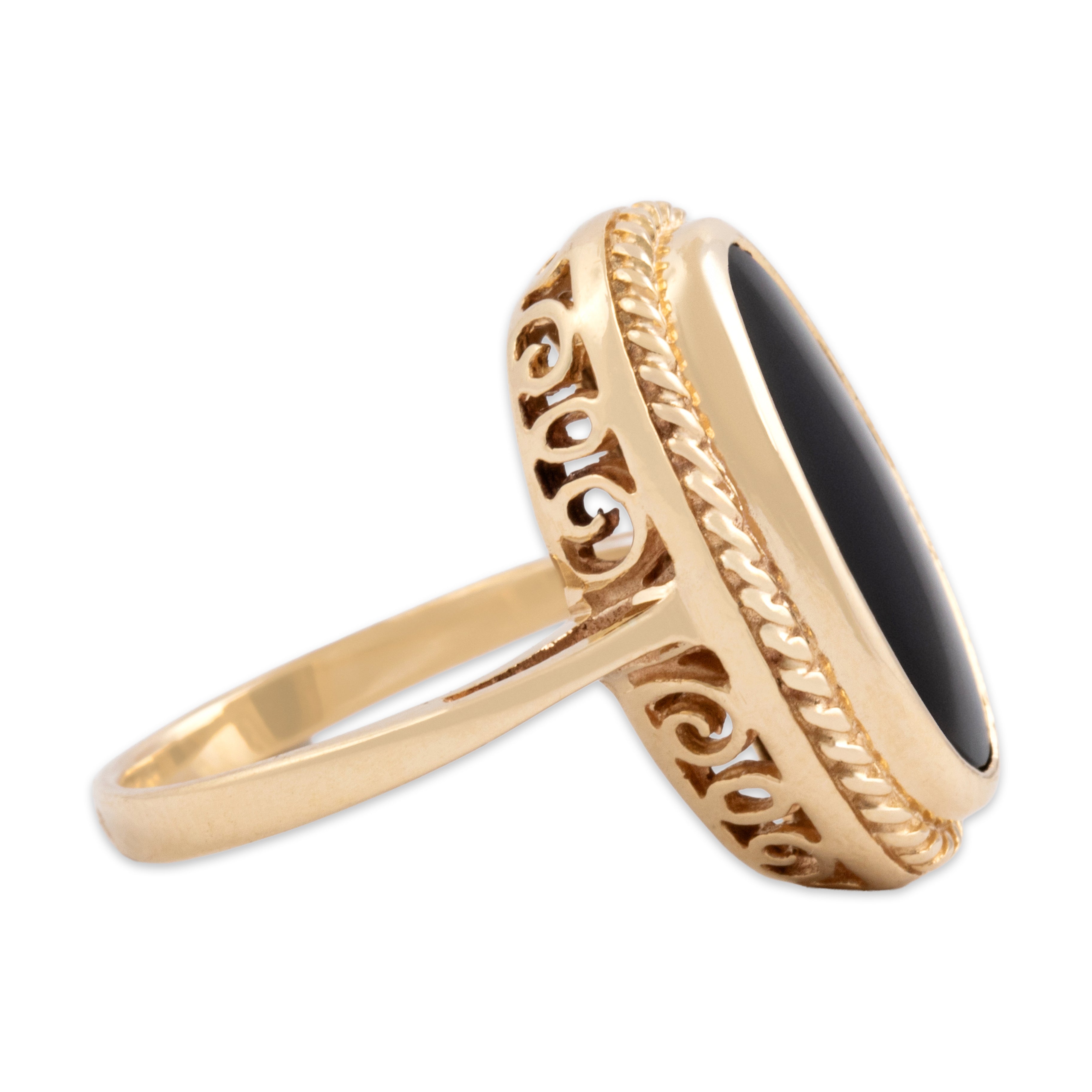 Vintage 14k Yellow Gold 2.08ct Onyx Framed Elongated Oval Ring - Side view