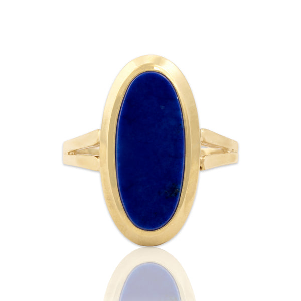 Vintage 14k Yellow Gold 2.17ct Lapis Lazuli Elegant Elongated Oval Ring 7.50