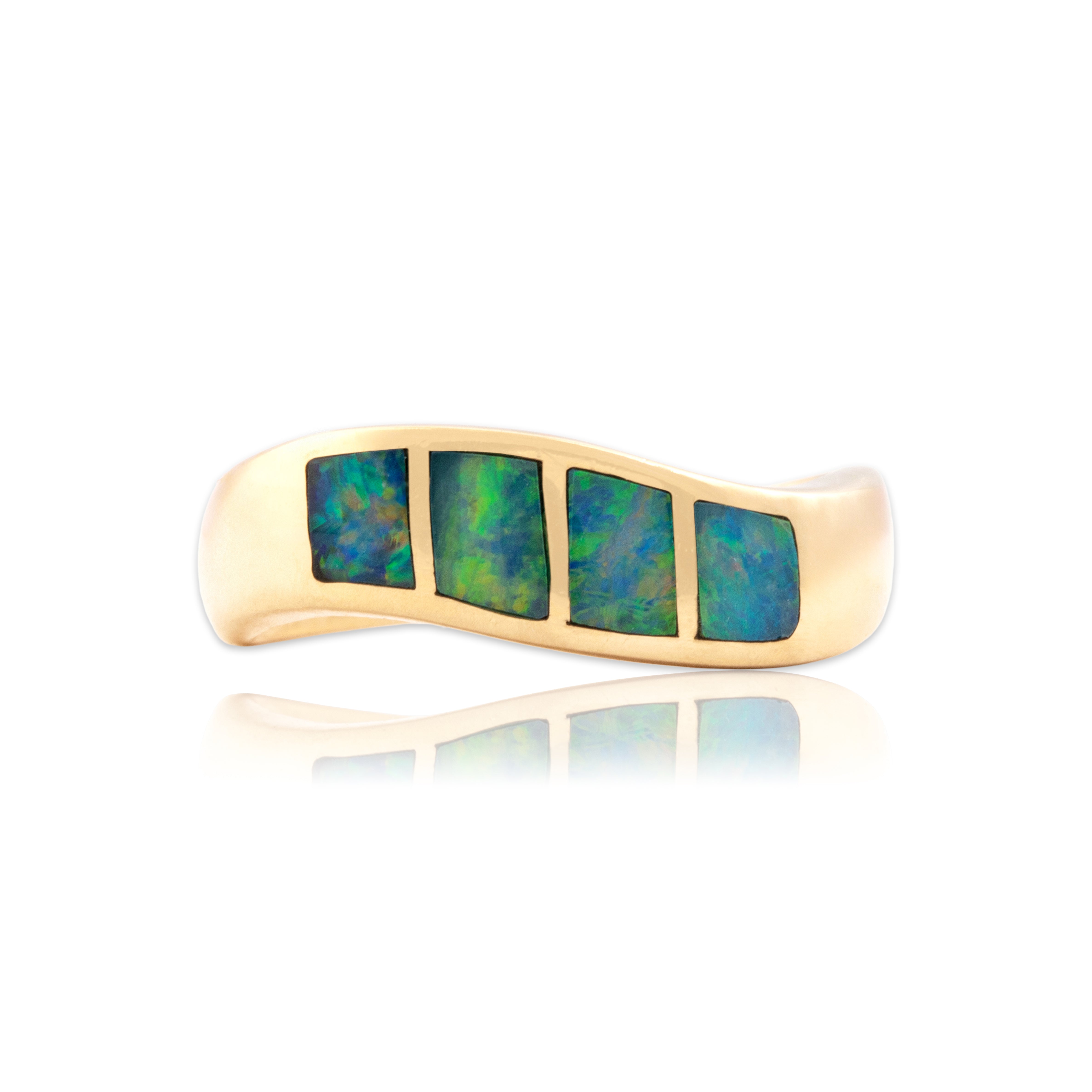 Vintage 14k Yellow Gold Opal Iridescent Wavy Inlay Band Ring - Close-up view