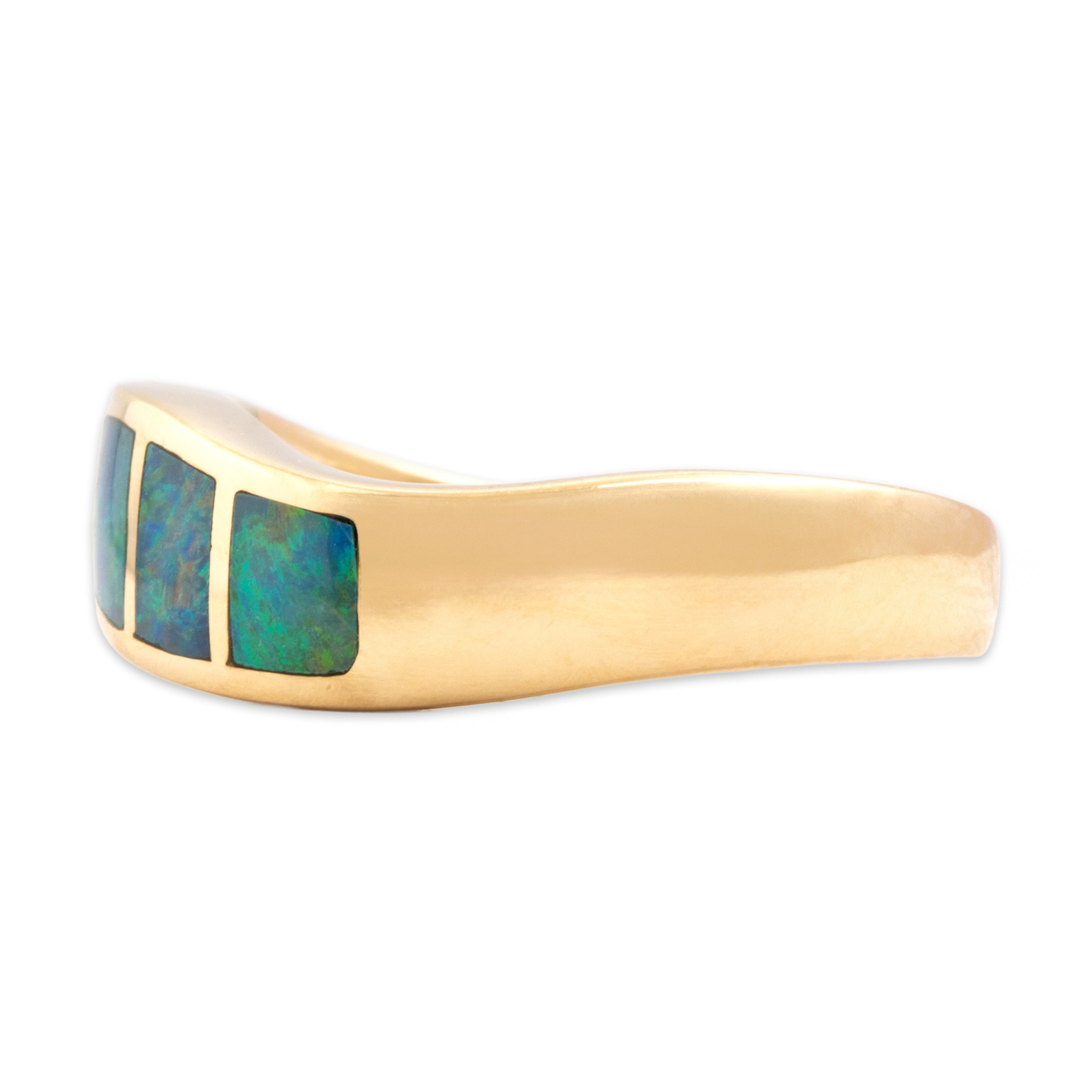 Vintage 14k Yellow Gold Opal Iridescent Wavy Inlay Band Ring - Side view