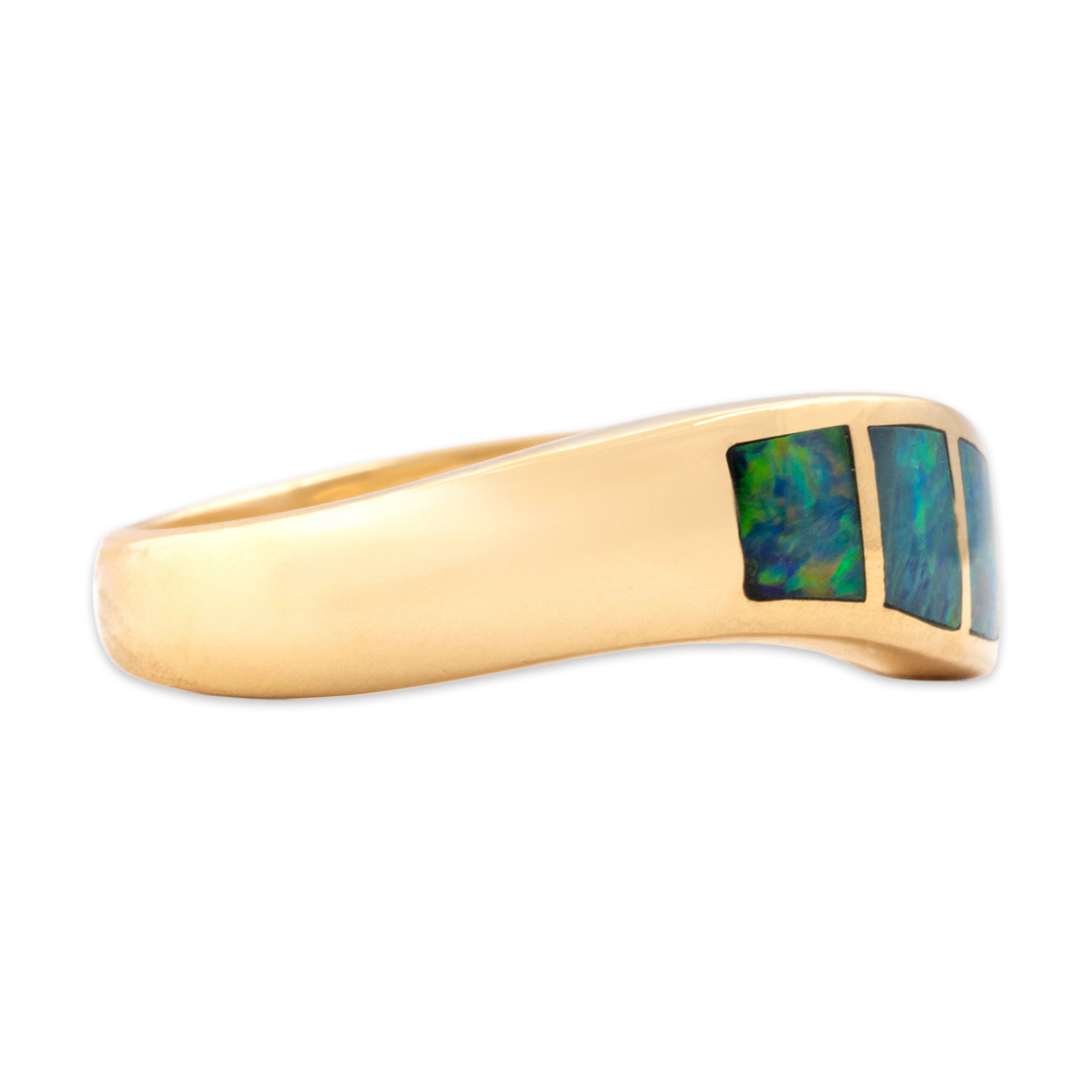 Vintage 14k Yellow Gold Opal Iridescent Wavy Inlay Band Ring - Side view