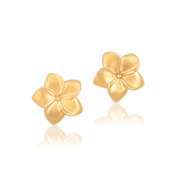Vintage 14k Yellow Gold Lovely Brushed Tropical Flower Stud Earrings