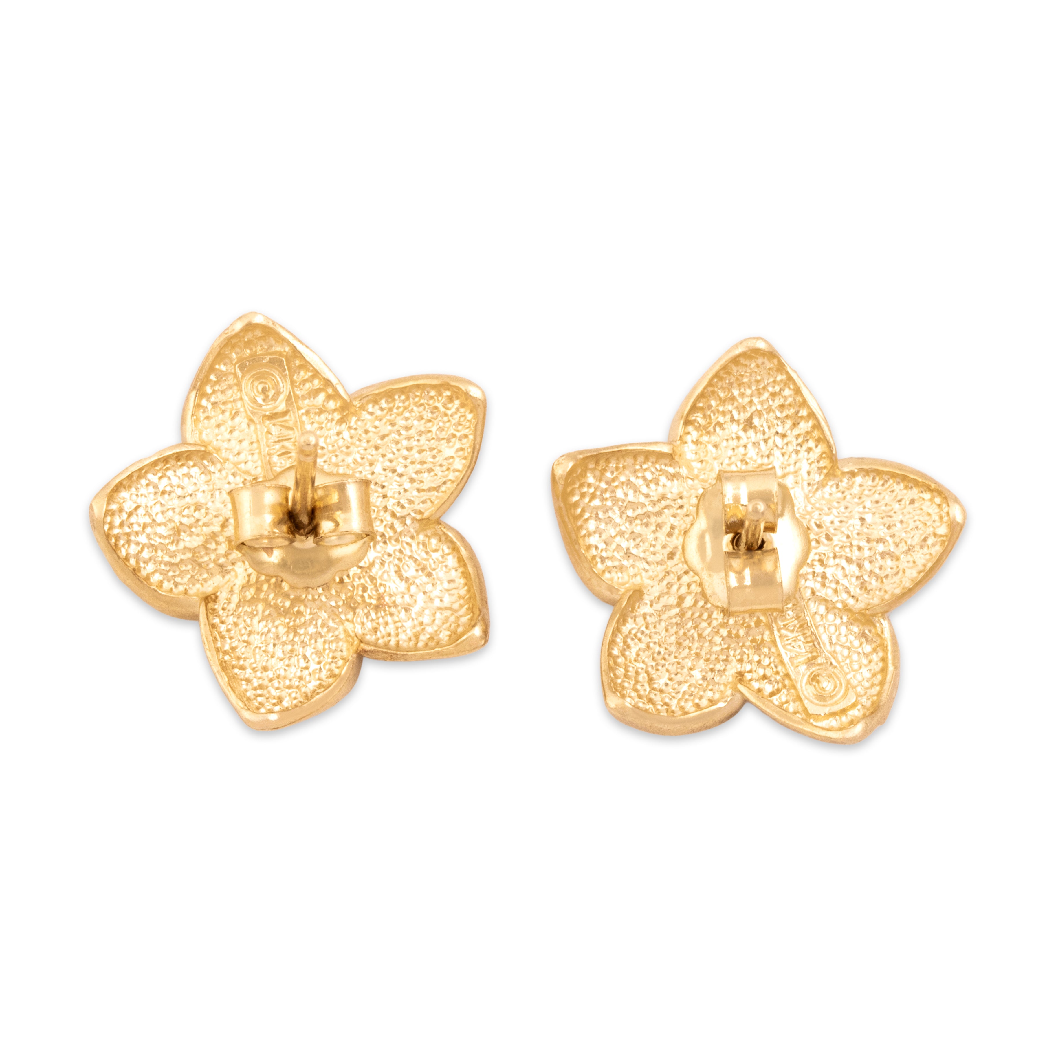 Vintage 14k Yellow Gold Lovely Brushed Tropical Flower Stud Earrings - Back view