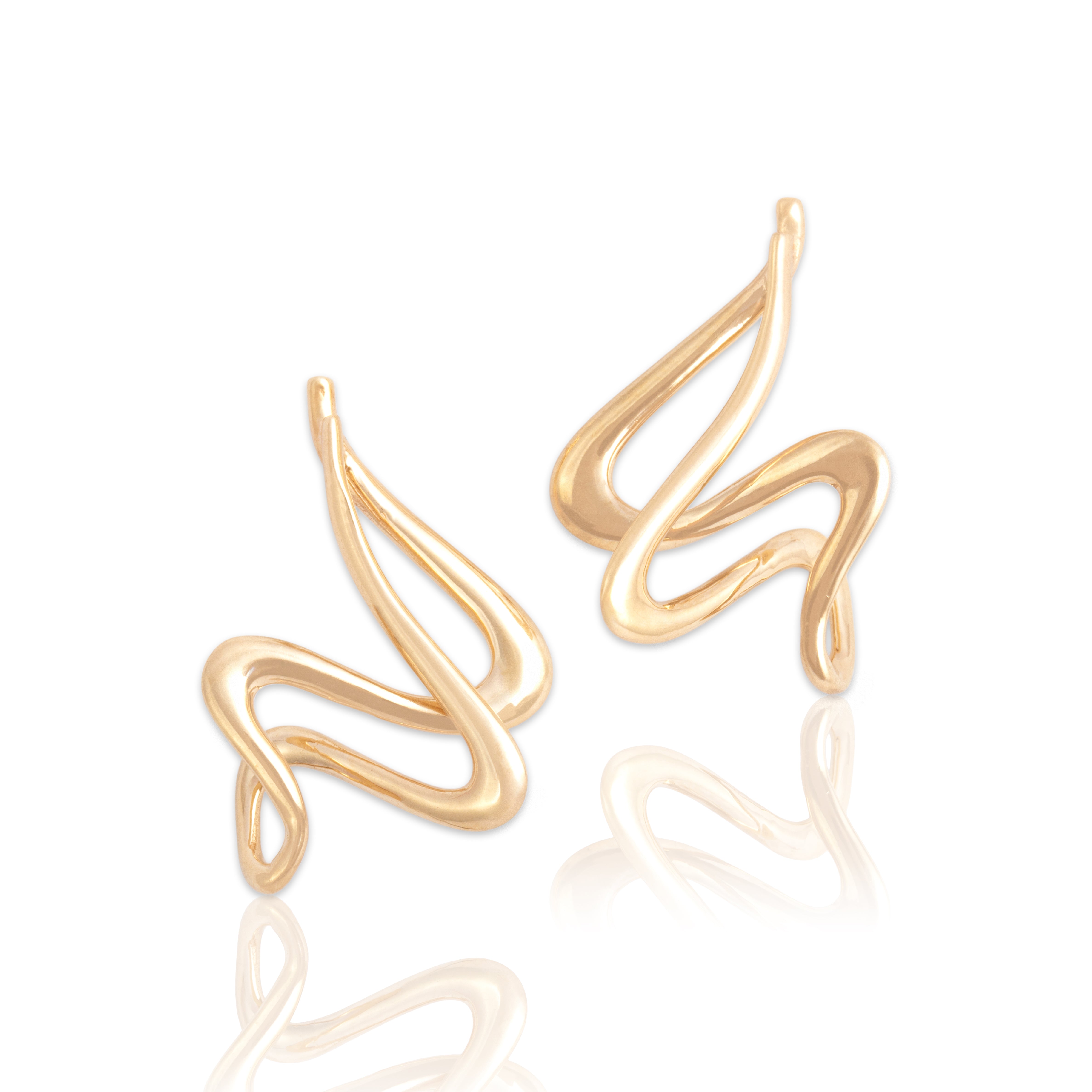 Vintage 14k Yellow Gold Gleaming Artistic Brushstroke Swirl Drop Earrings  - Close-up view