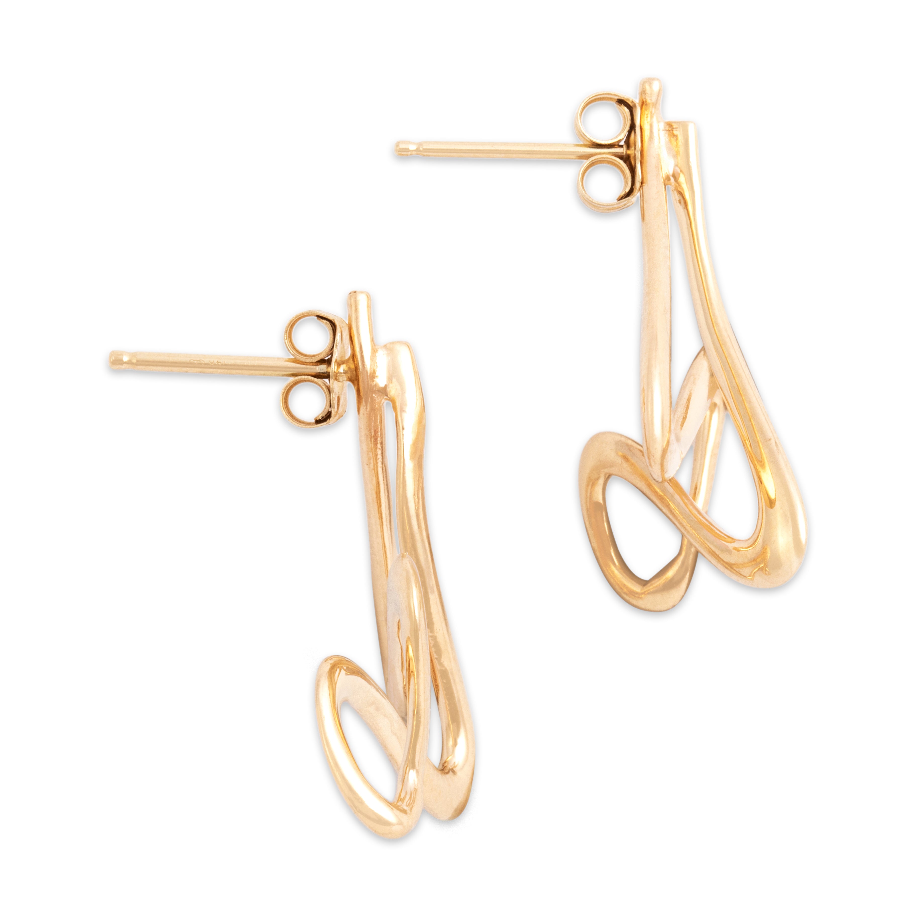 Vintage 14k Yellow Gold Gleaming Artistic Brushstroke Swirl Drop Earrings  - Side view