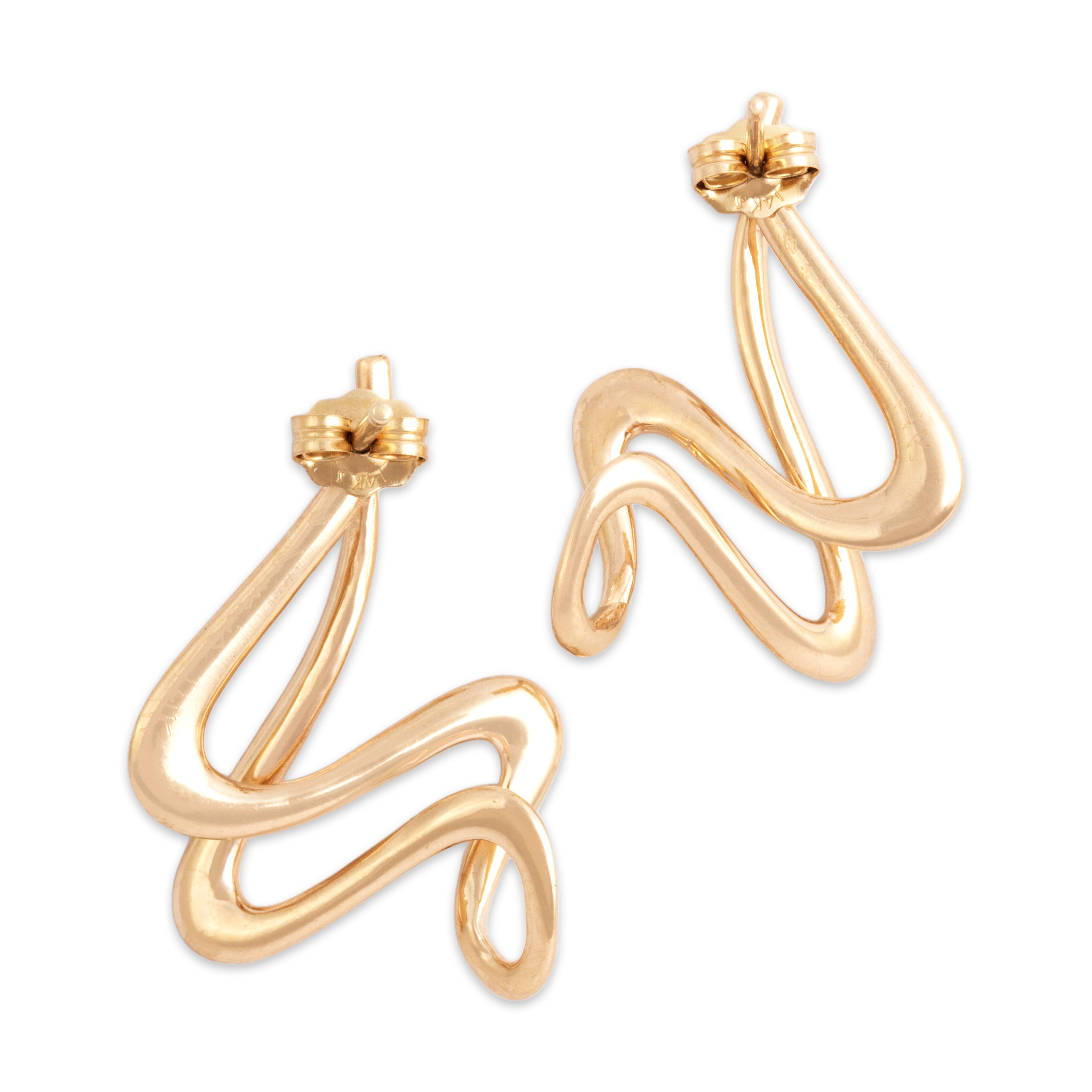 Vintage 14k Yellow Gold Gleaming Artistic Brushstroke Swirl Drop Earrings  - Back view