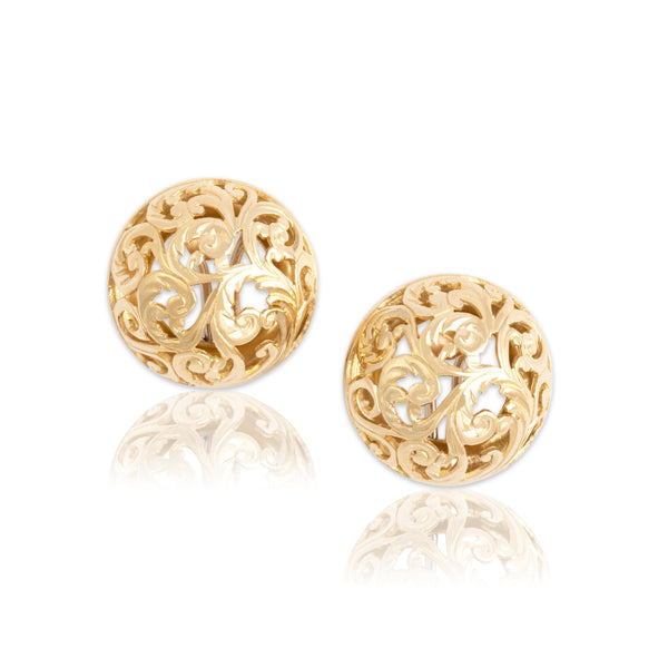 Vintage Italian 14k Yellow Gold Domed Flourish Openwork Omega-Back Earrings - Close-up view