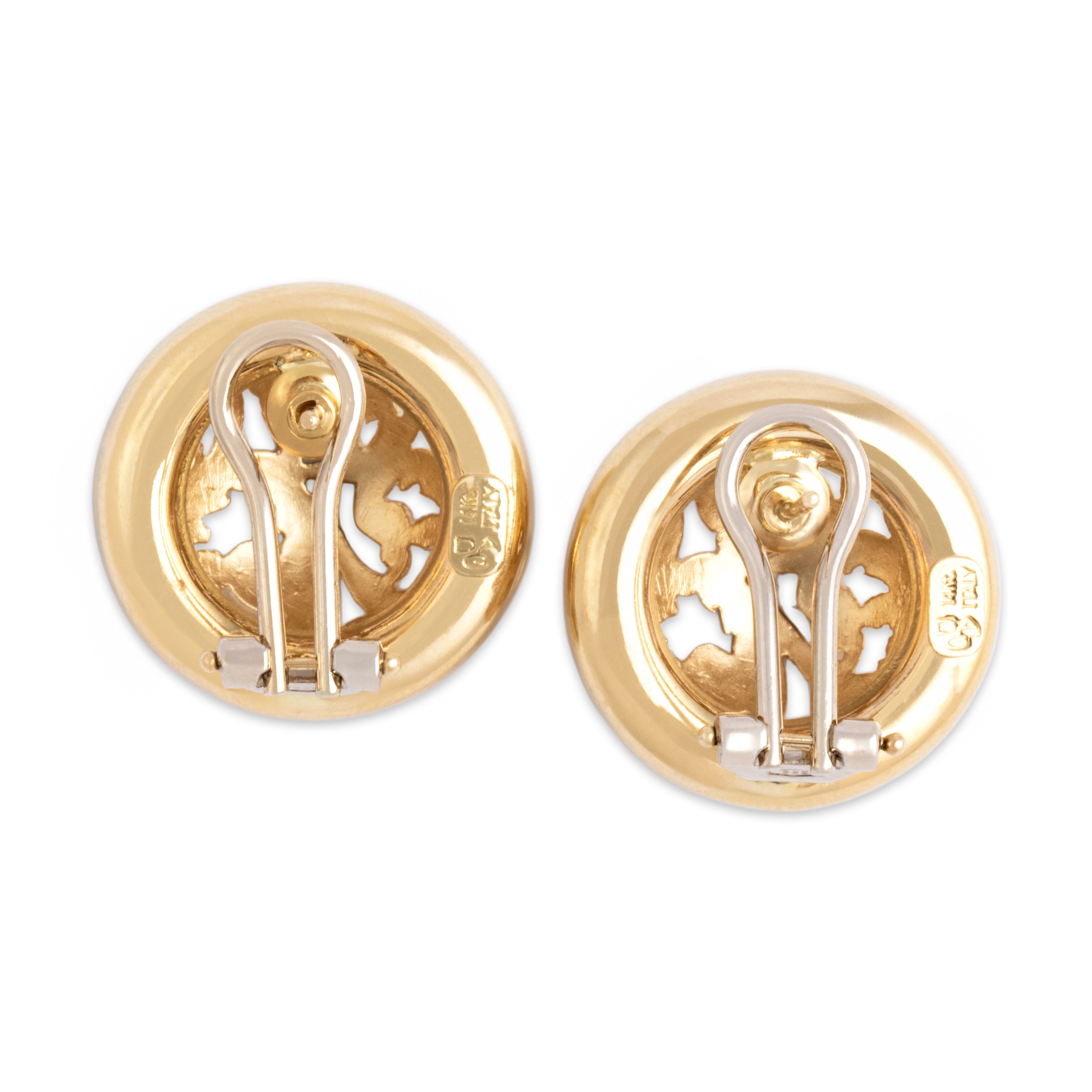 Vintage Italian 14k Yellow Gold Domed Flourish Openwork Omega-Back Earrings - Back view