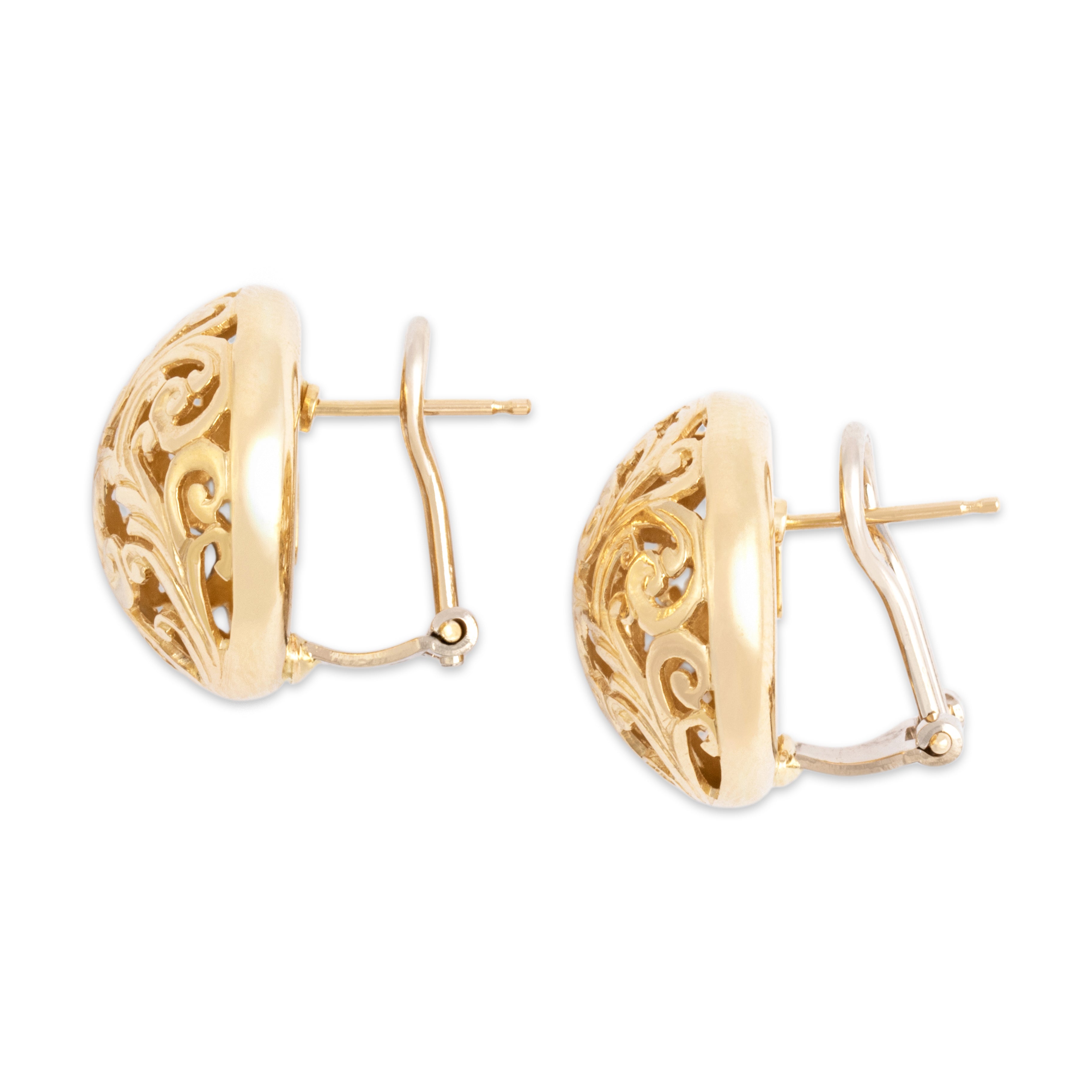 Vintage Italian 14k Yellow Gold Domed Flourish Openwork Omega-Back Earrings - Side view