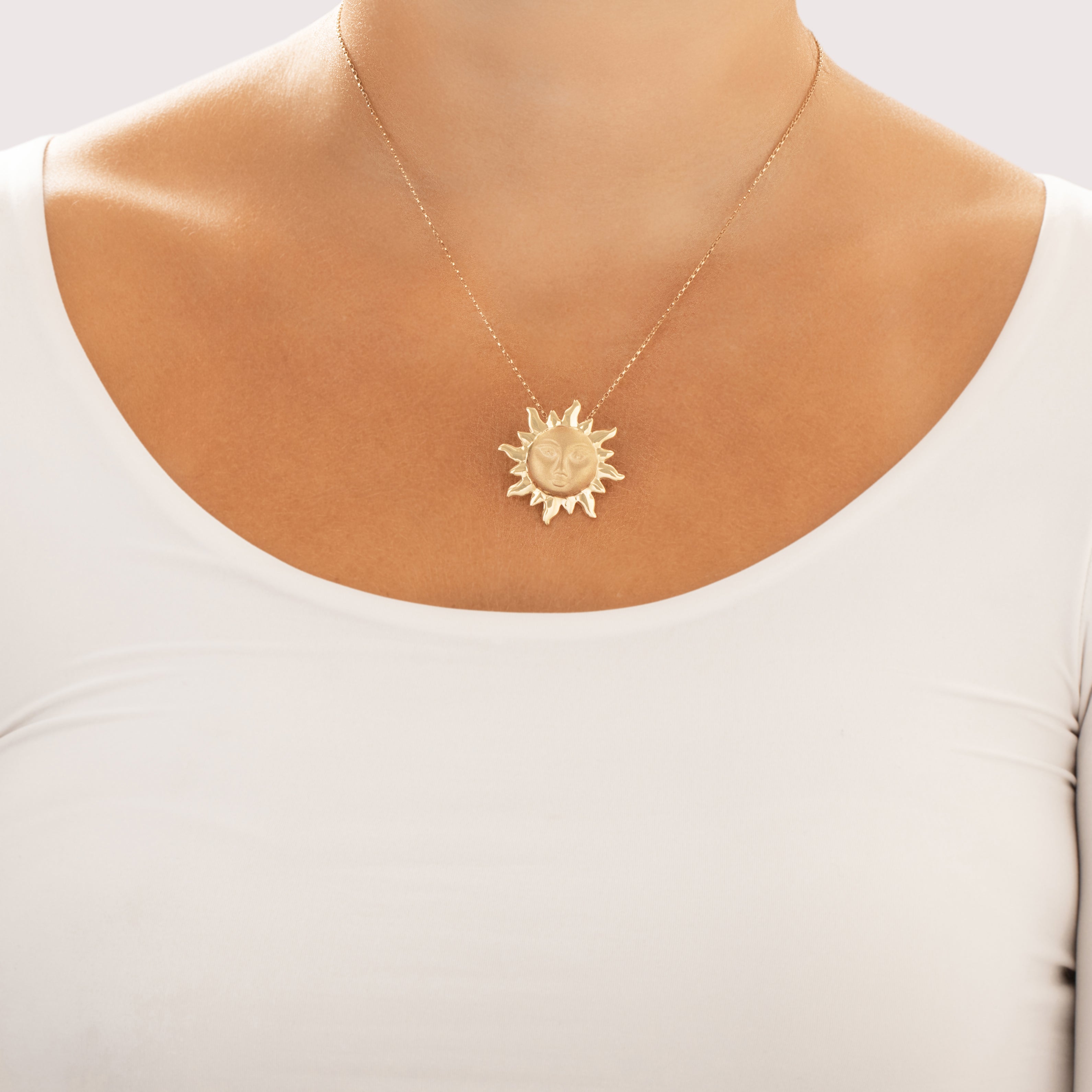 Vintage Large 14k Yellow Gold Serene Textured Sun Wide Slide Pendant - On model view