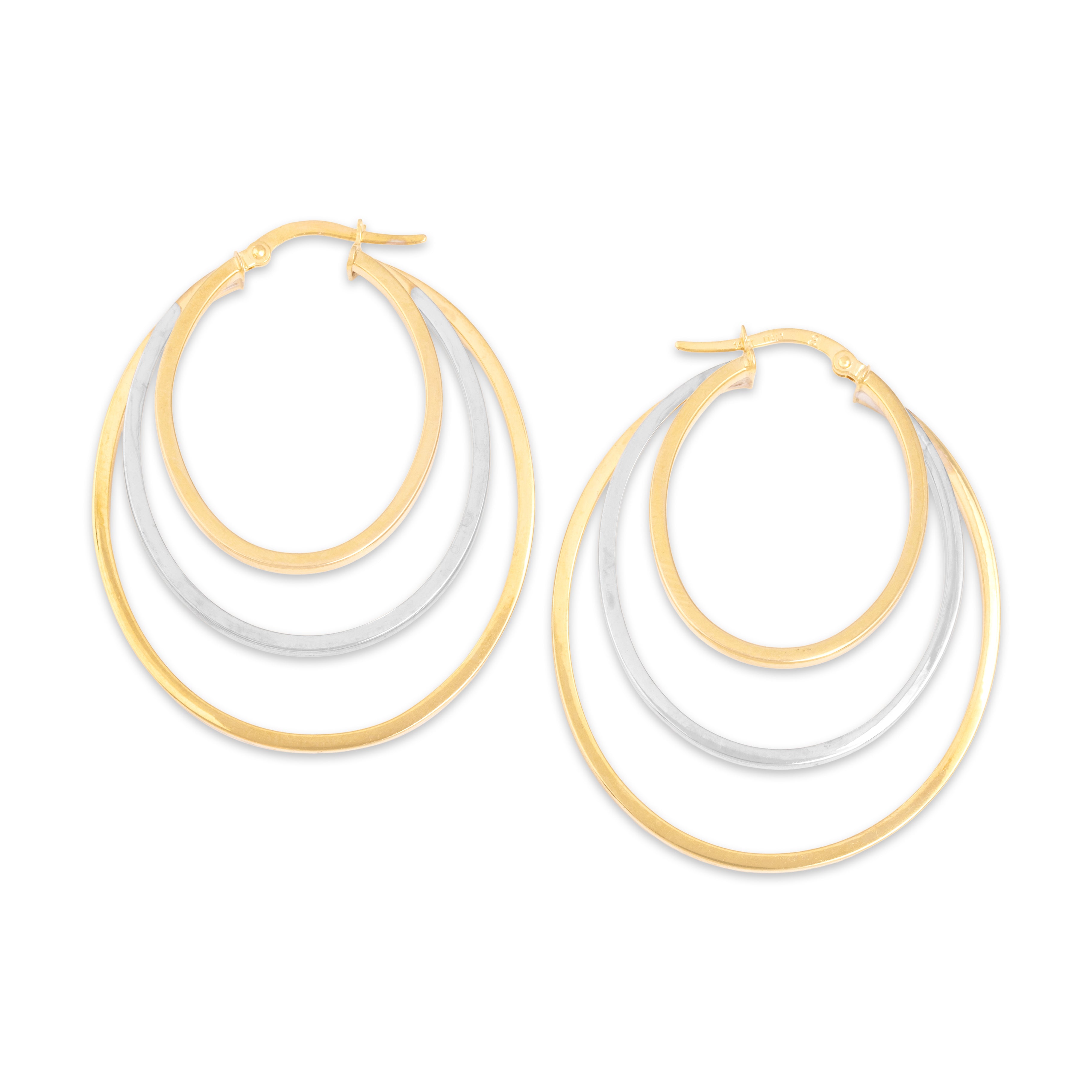 Vintage Italian 14k Yellow & White Gold Triple Open Oval Hoop Earrings