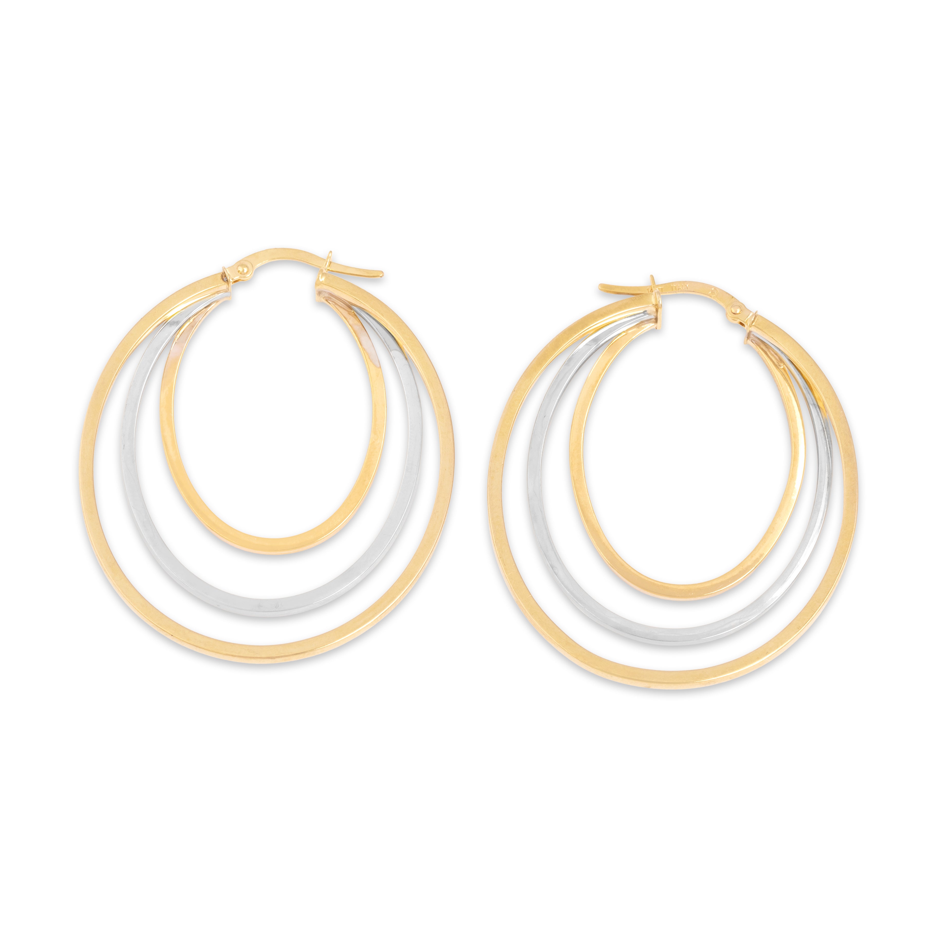 Vintage Italian 14k Yellow & White Gold Triple Open Oval Hoop Earrings