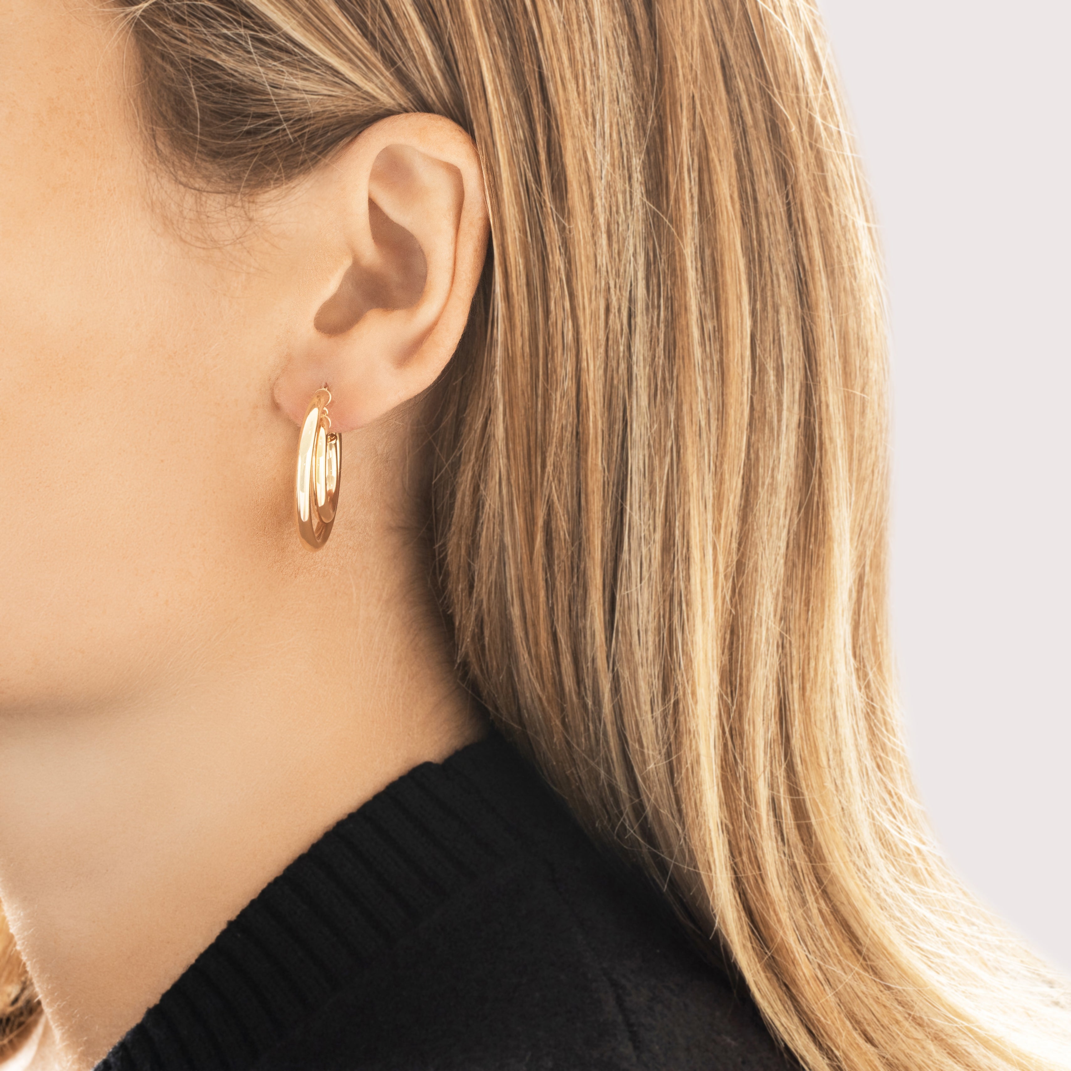 Vintage 14k Yellow Gold Gleaming Duo Dangle Hoop Earrings - On model view