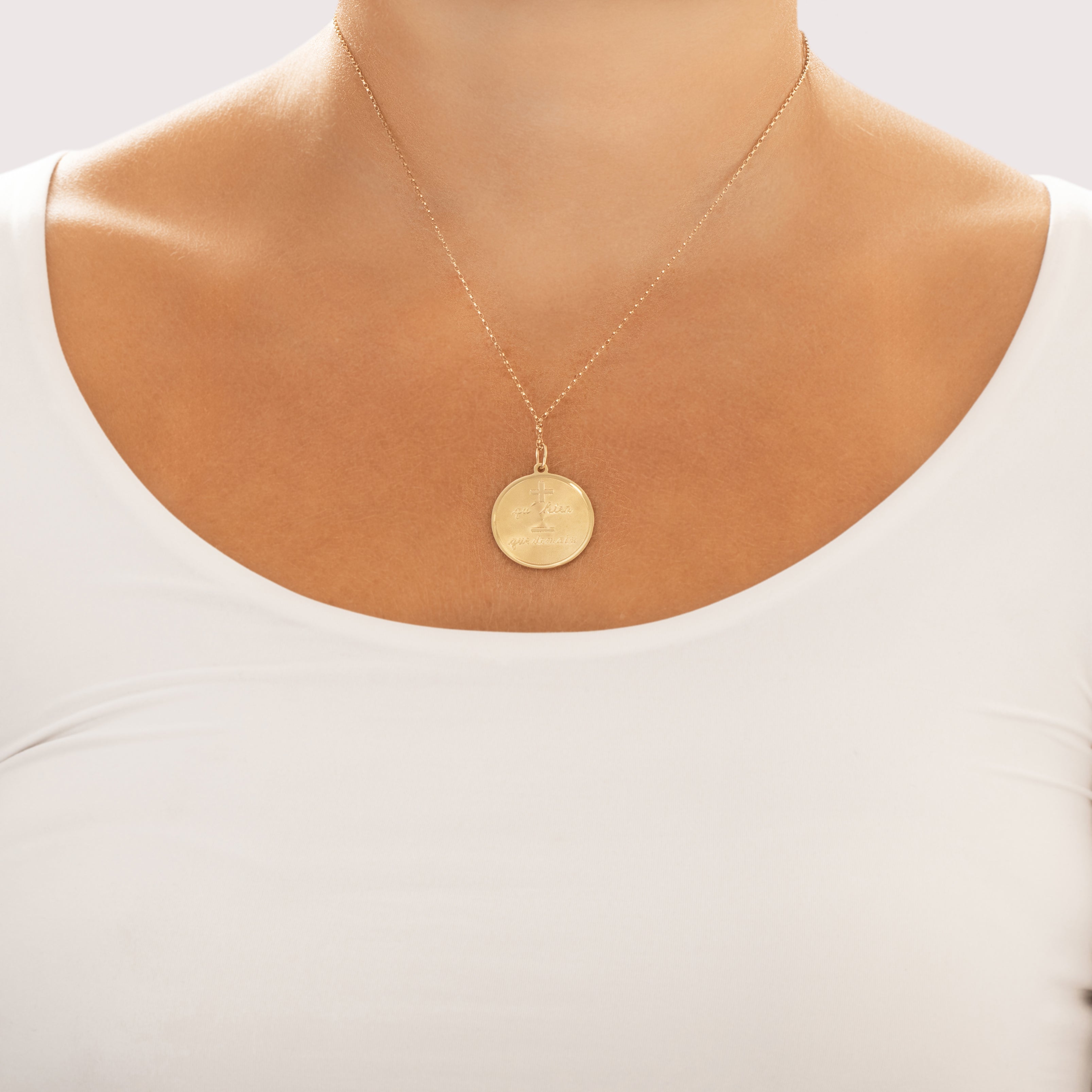 Vintage 14k Yellow Gold Qu'hier Que Demain Medallion Charm / Pendant - On model view
