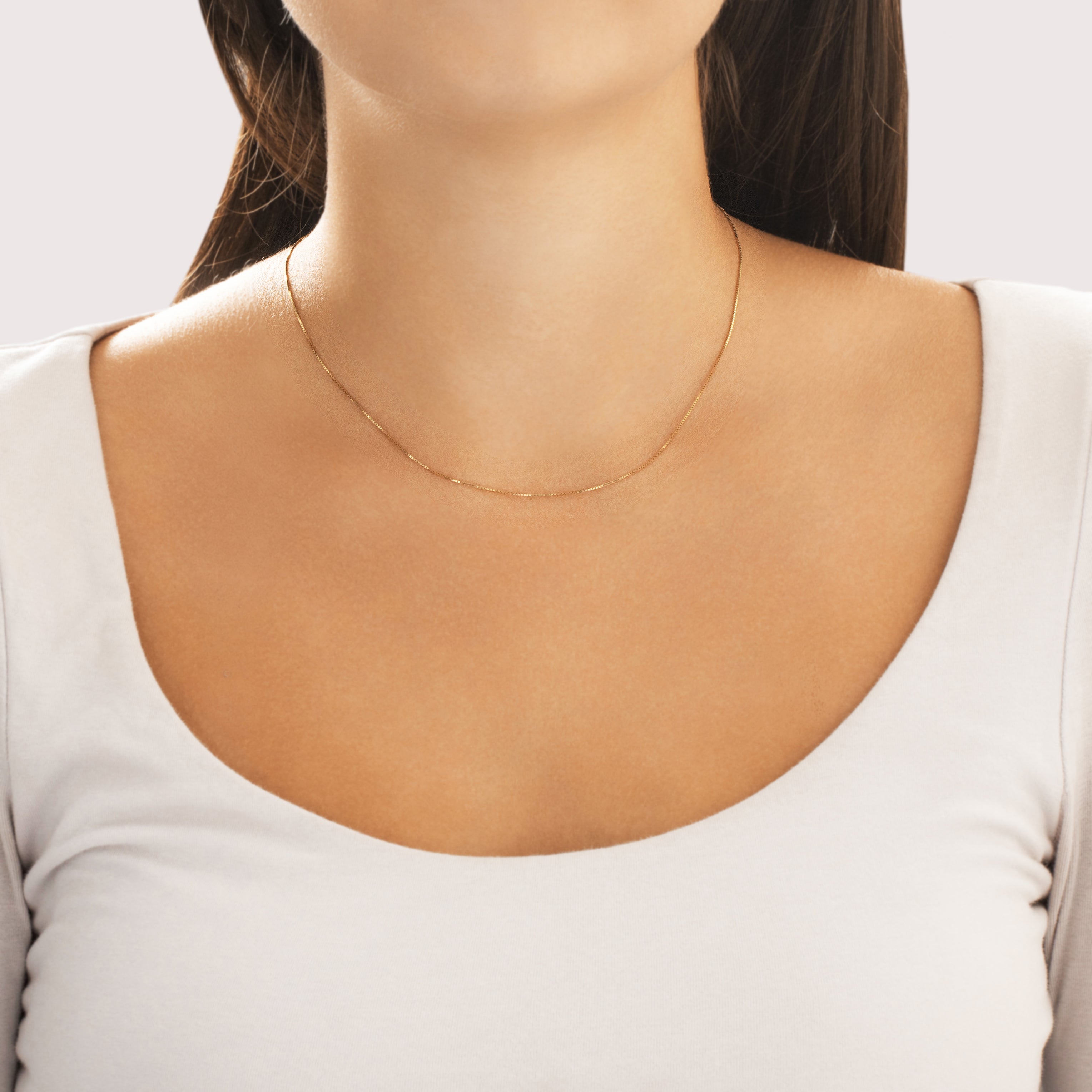 Vintage Lightweight 14k Yellow Gold .6mm Delicate Box Chain - On model view