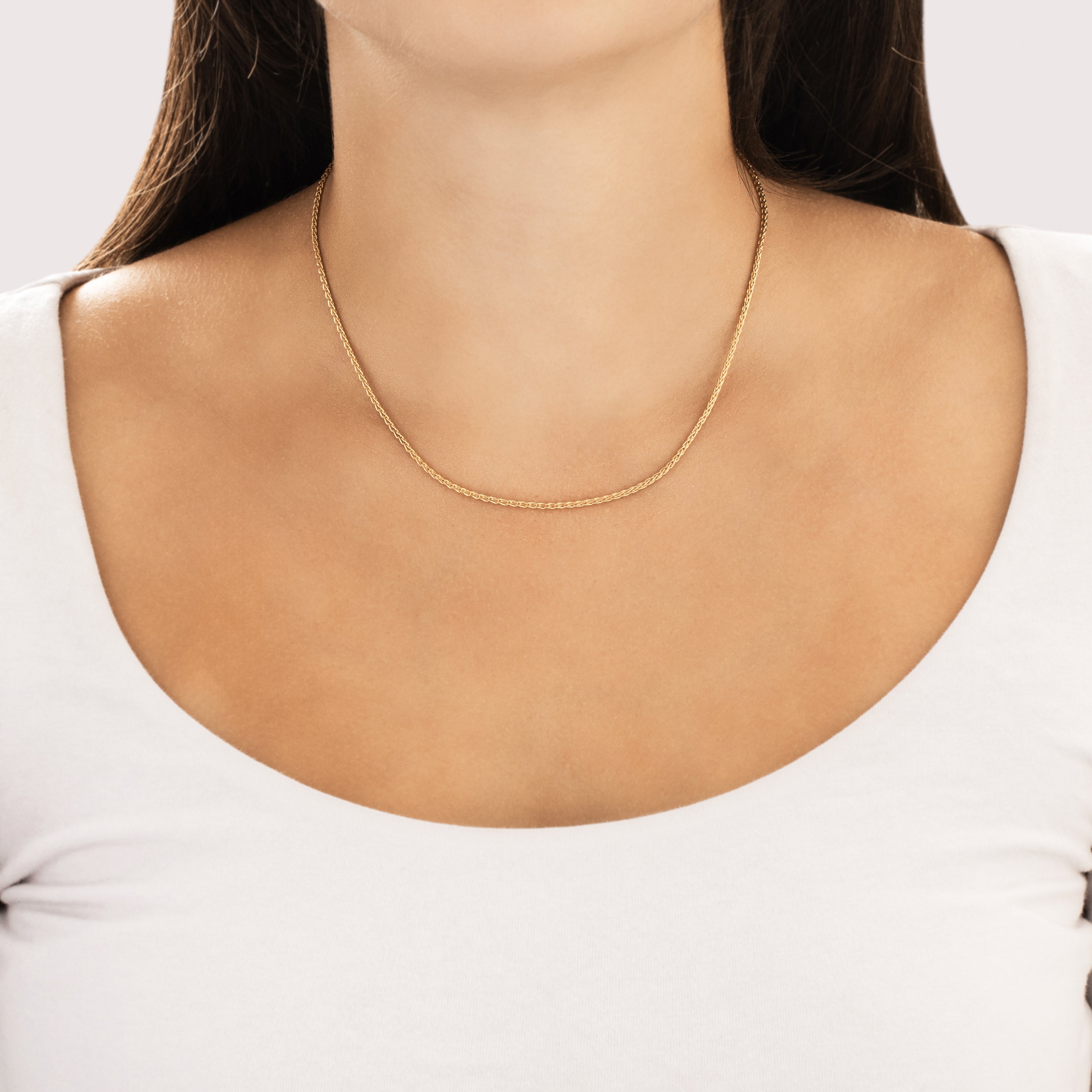 Estate Italian 14k Yellow Gold 1.5mm Sleek Wheat Chain - On model view