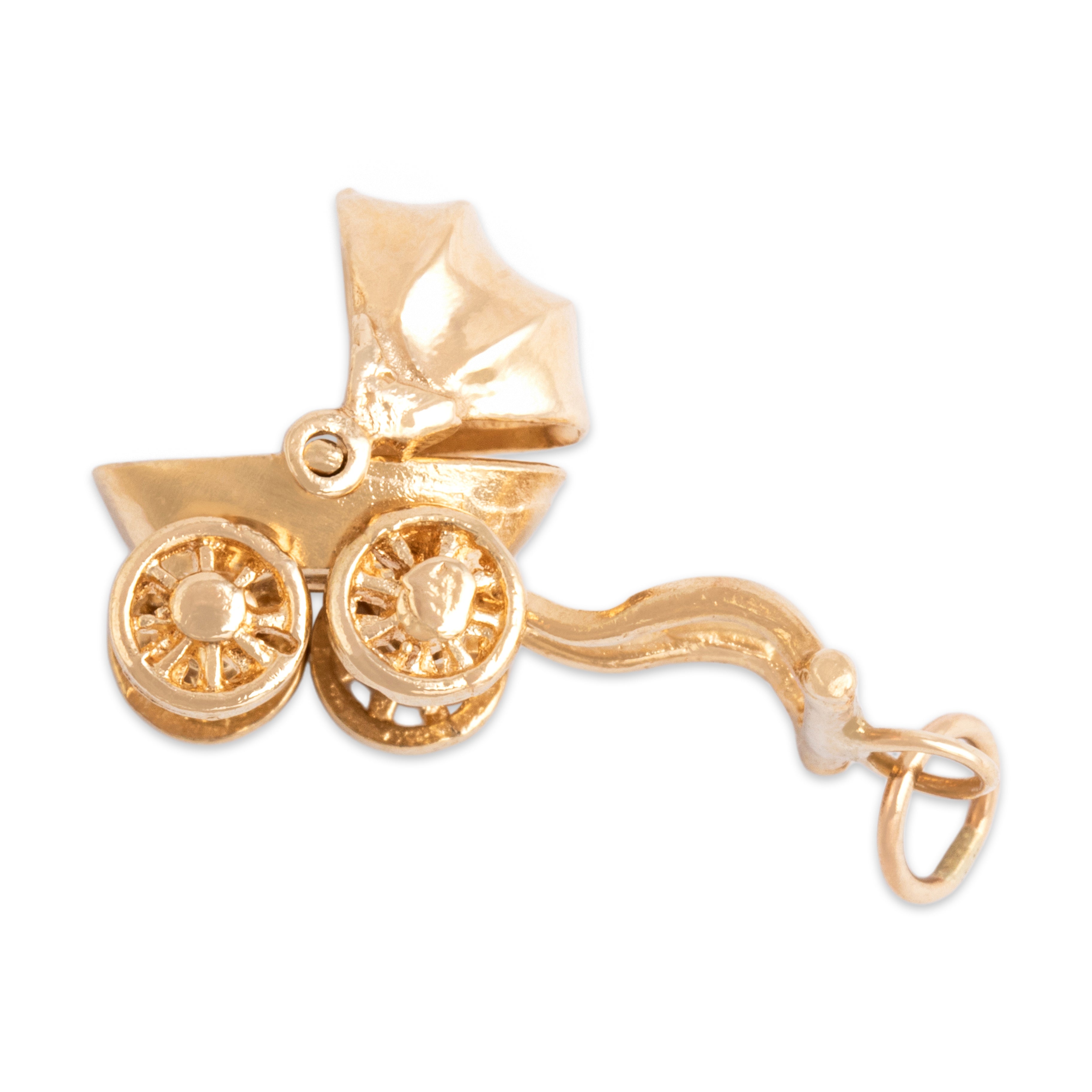 Vintage 14k Yellow Gold Adorable Articulating Baby Carriage Charm / Pendant - Side view