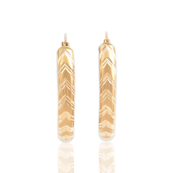 Vintage 14k Yellow Gold Lovely Brushed Chevron Patterned Hoop Earrings