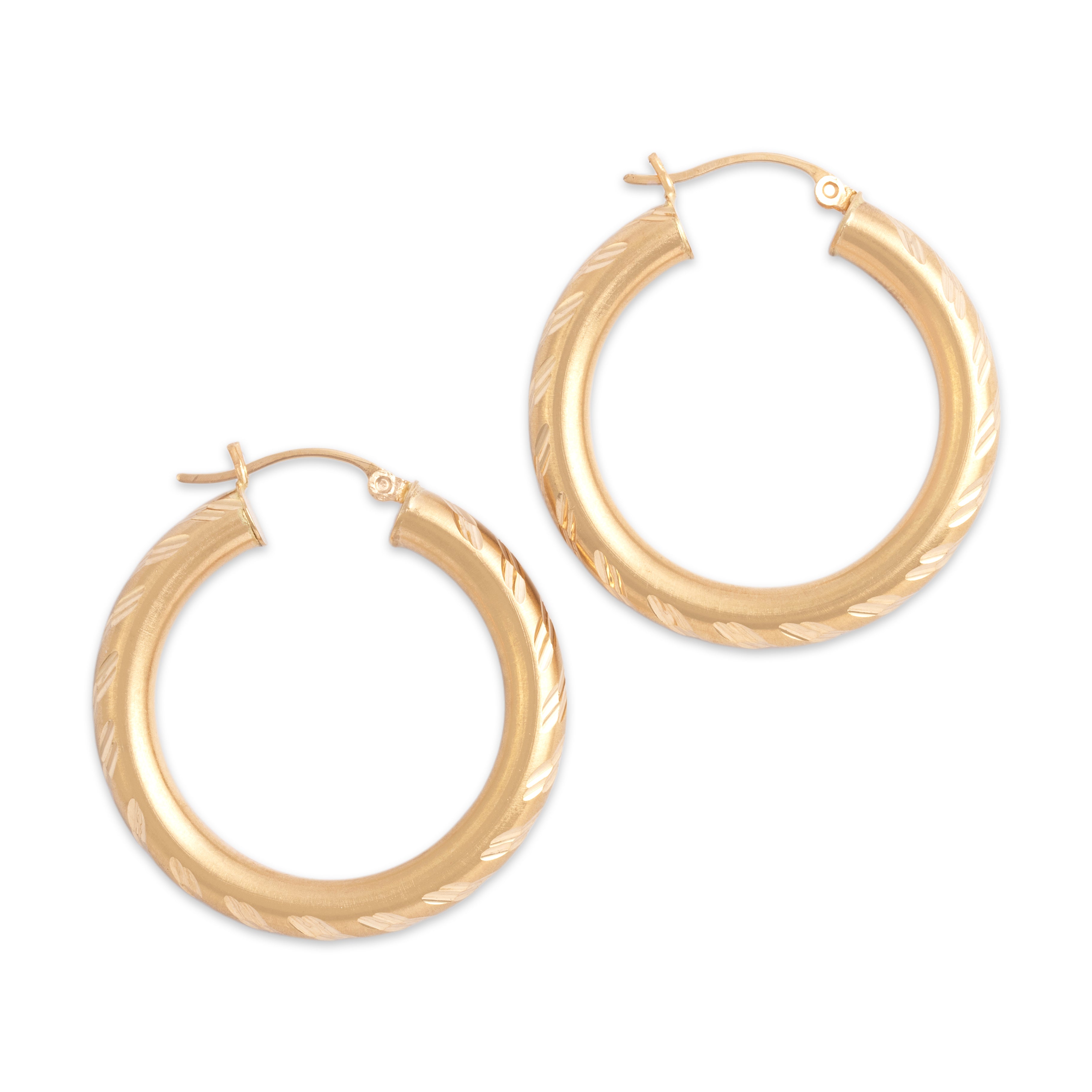 Vintage 14k Yellow Gold Lovely Brushed Chevron Patterned Hoop Earrings - Overall view