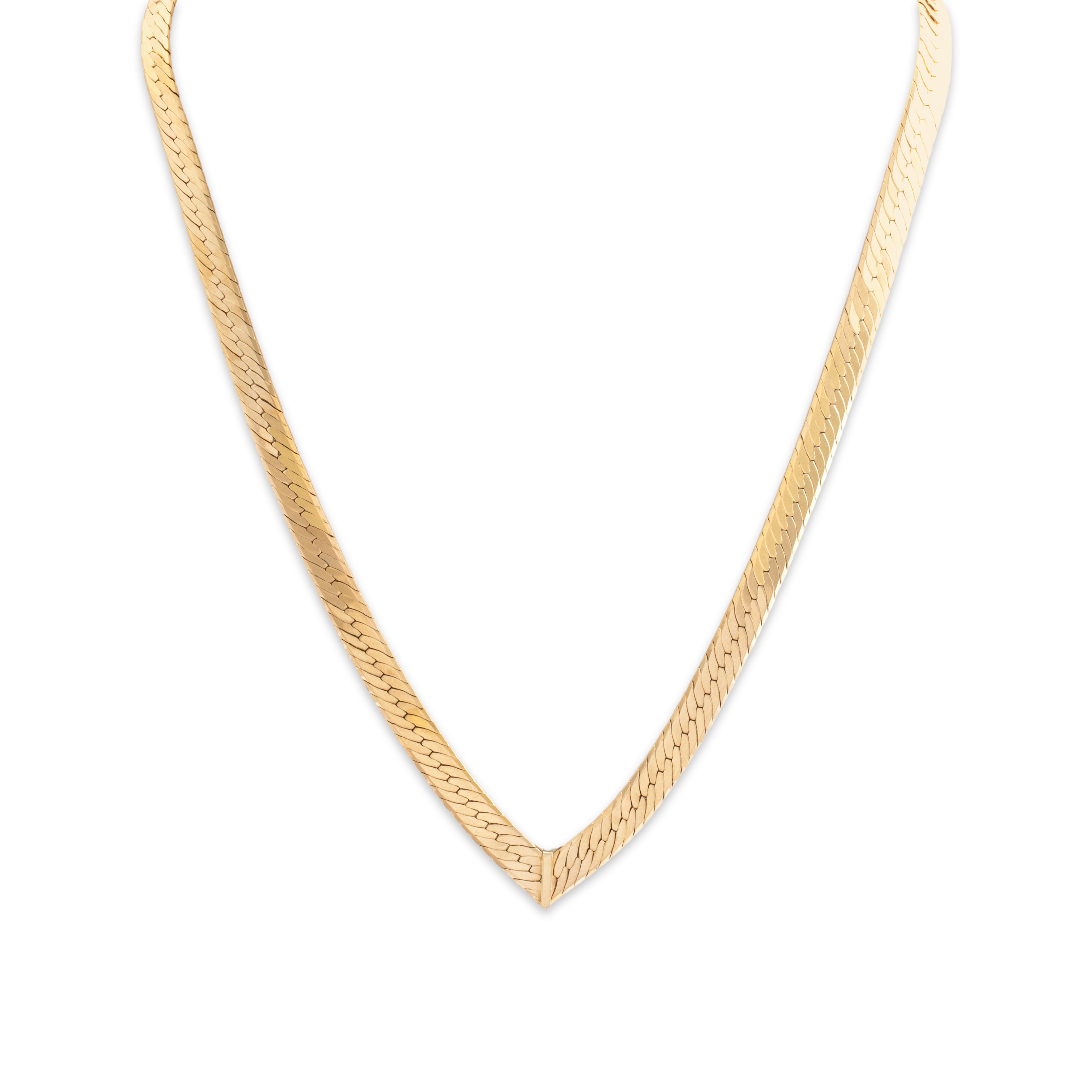 Vintage Italian 14k Yellow Gold Elegant Patterned Flat Chain Chevron Necklace - detail view #1