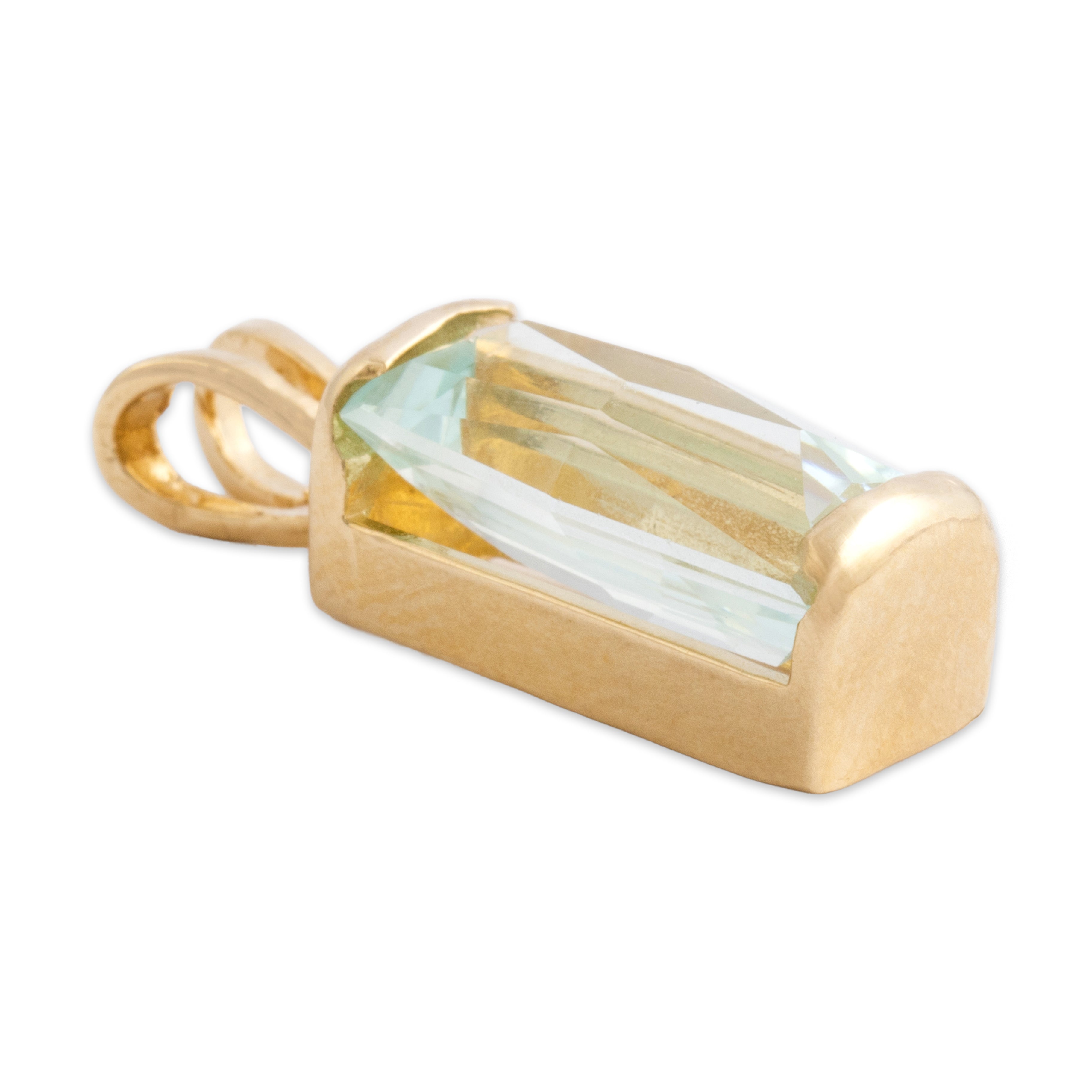 Vintage 14k Yellow Gold 4.71ct Aquamarine Flashing Elongated Modern Cut Pendant - Side view